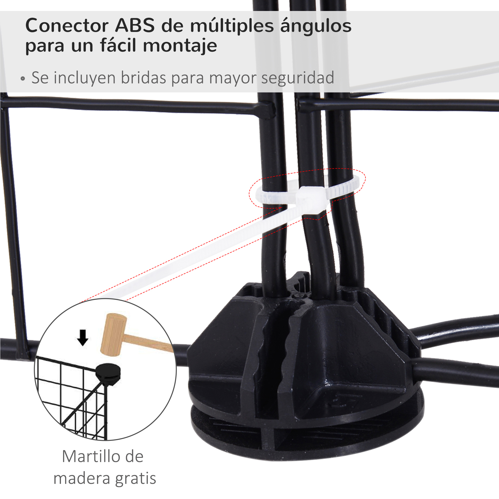 Primer plano de conectores de plástico negro con bridas blancas asegurando barras negras.