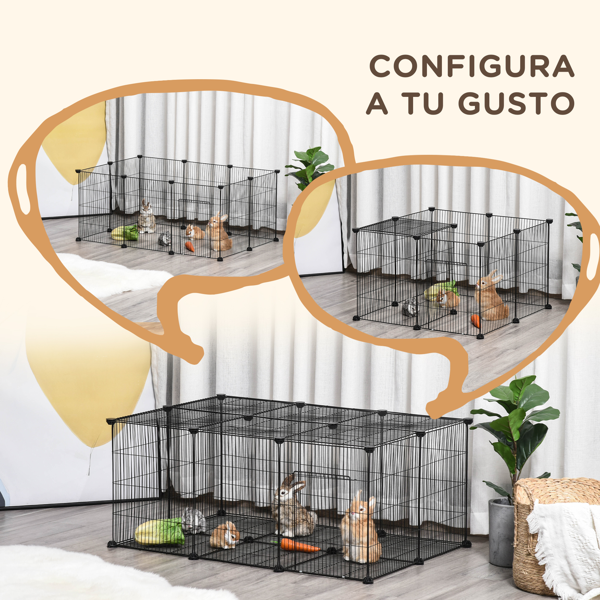 Jaula negra para conejos con conejitos. La jaula está en una habitación con plantas.