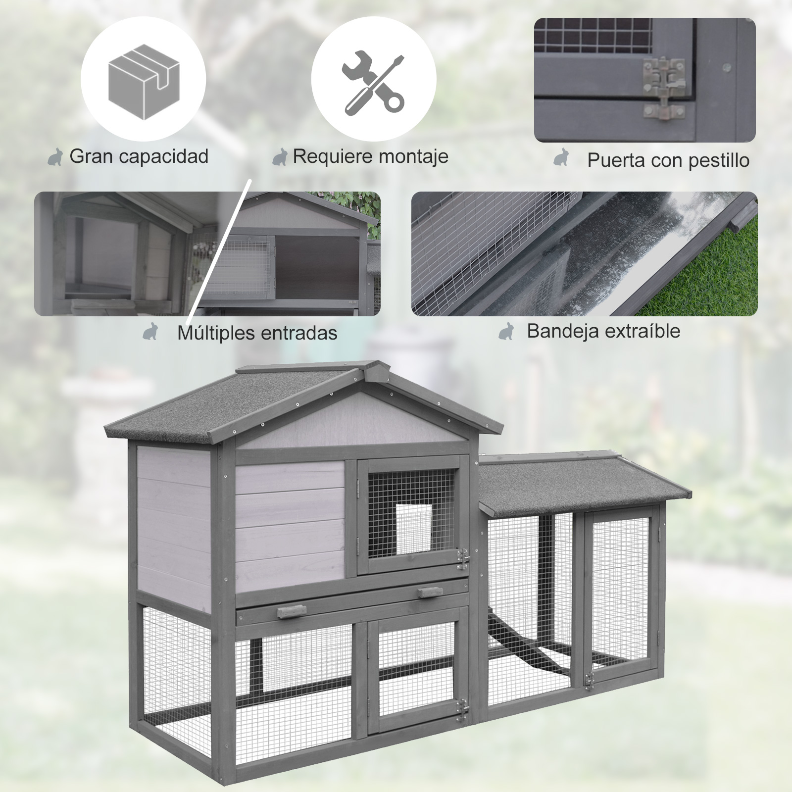Conejera con múltiples características. Incluye múltiples entradas, una bandeja extraíble y techo gris.