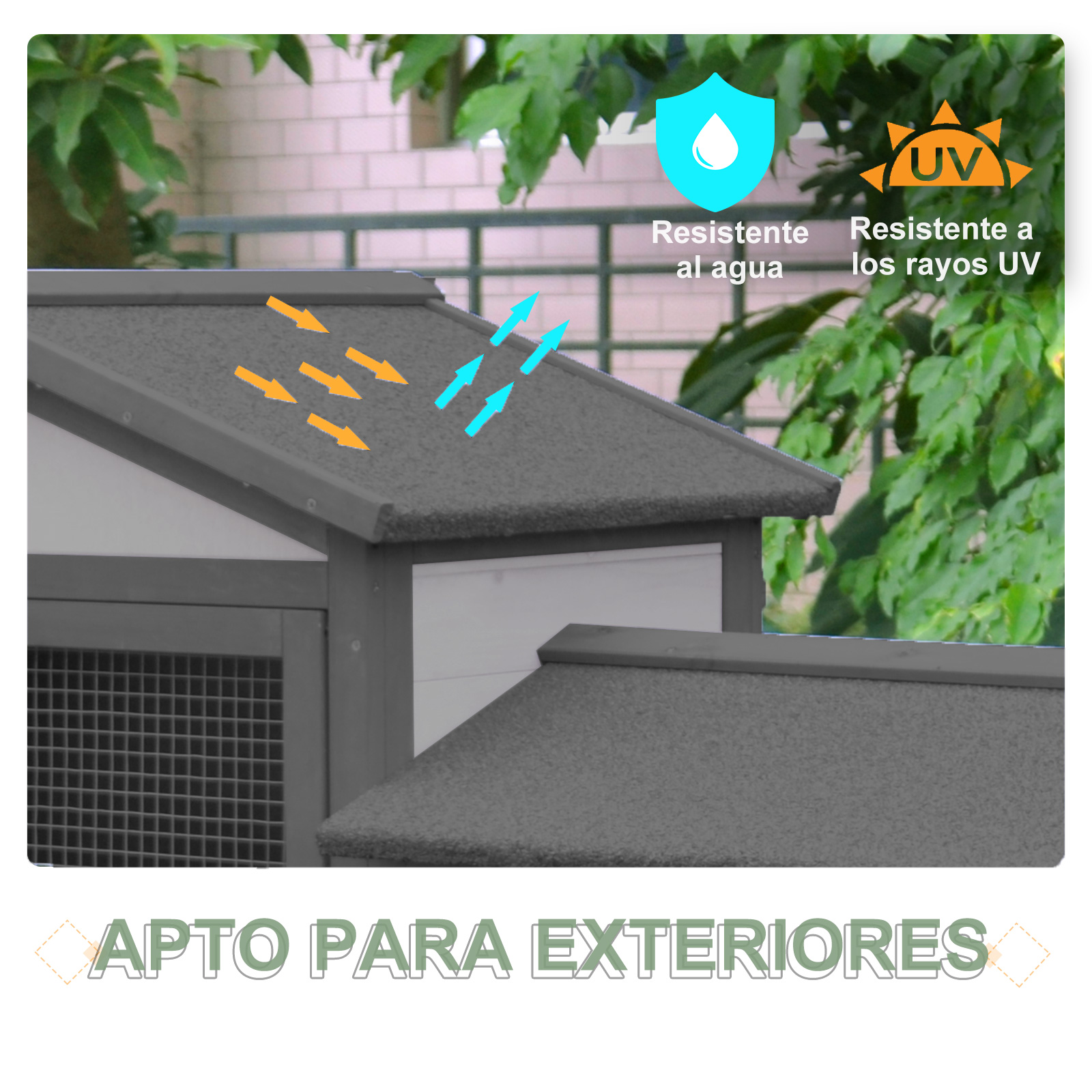 Primer plano de un tejado gris con flechas y texto que indica resistencia al agua y a los rayos UV, apto para exteriores.