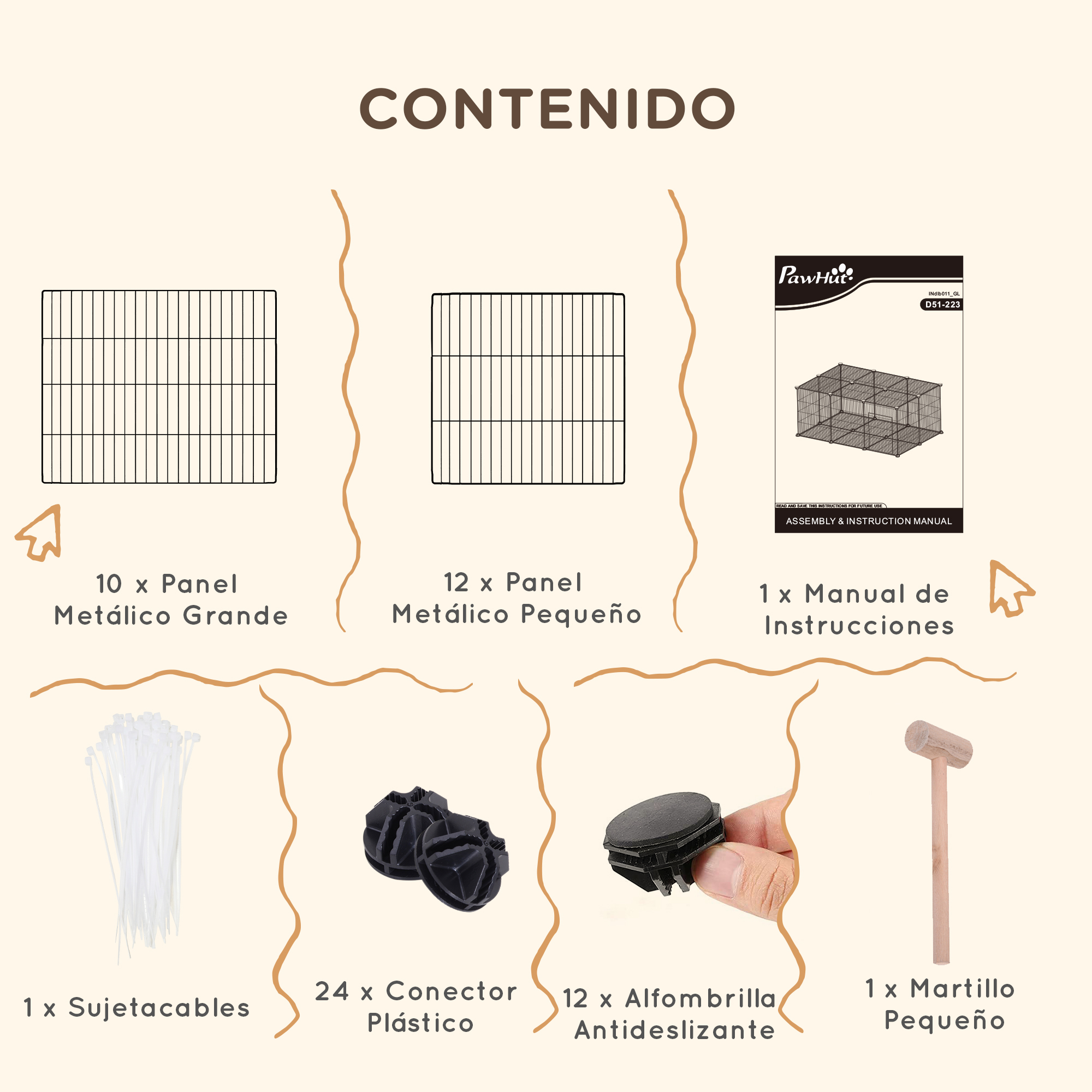 Contenido de un kit de jaula para perros. Muestra los paneles, conectores y un martillo.