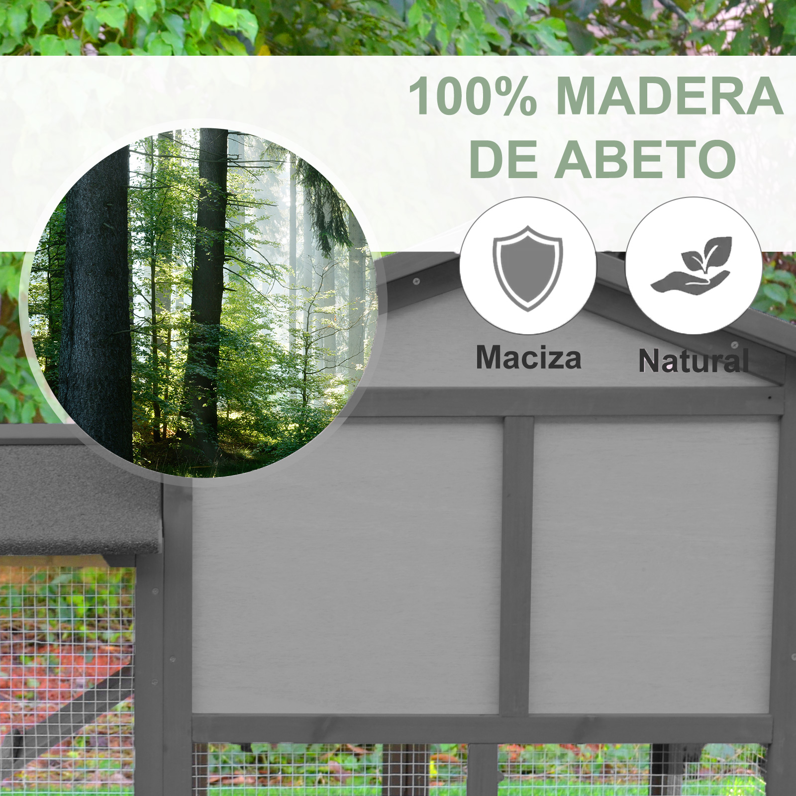 Casa de animales de madera con fondo de bosque. Incluye una ventana, un marco de madera maciza y una malla de alambre.