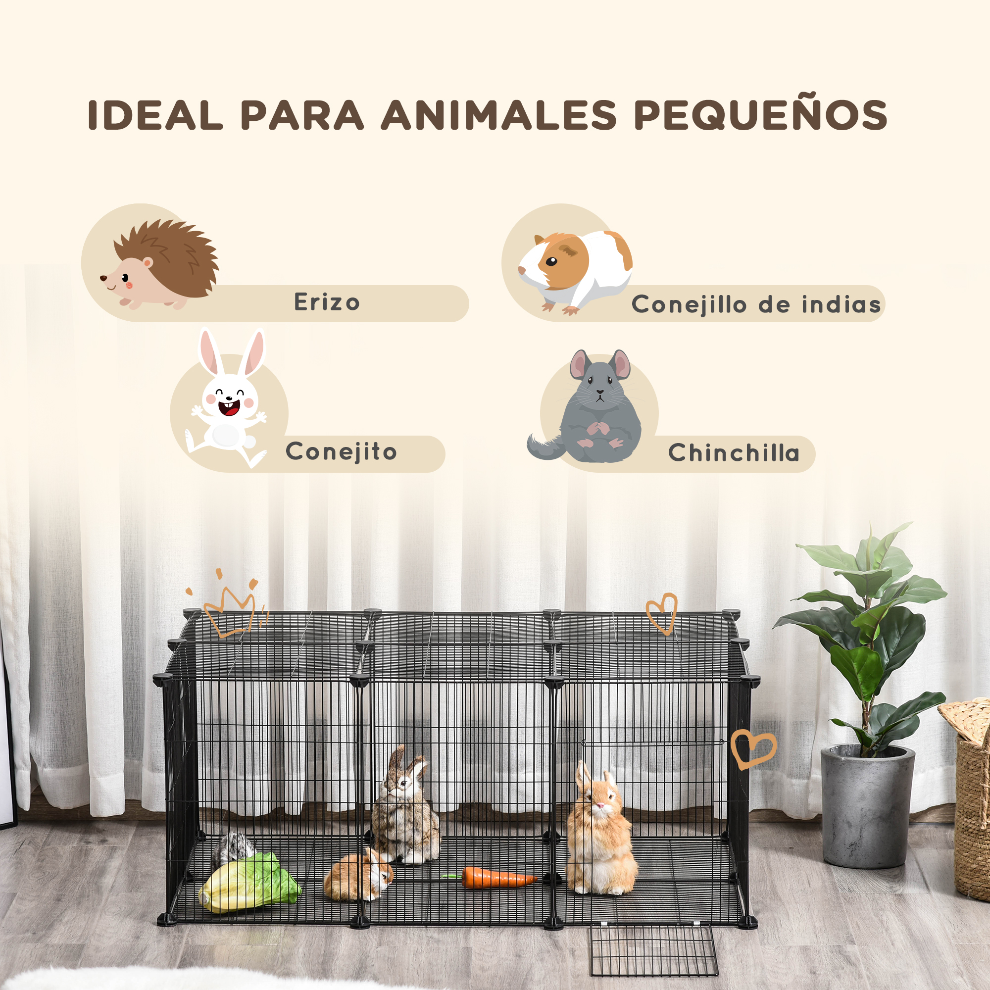 Un recinto para animales pequeños con ilustraciones de un erizo, cobaya, conejo y chinchilla.