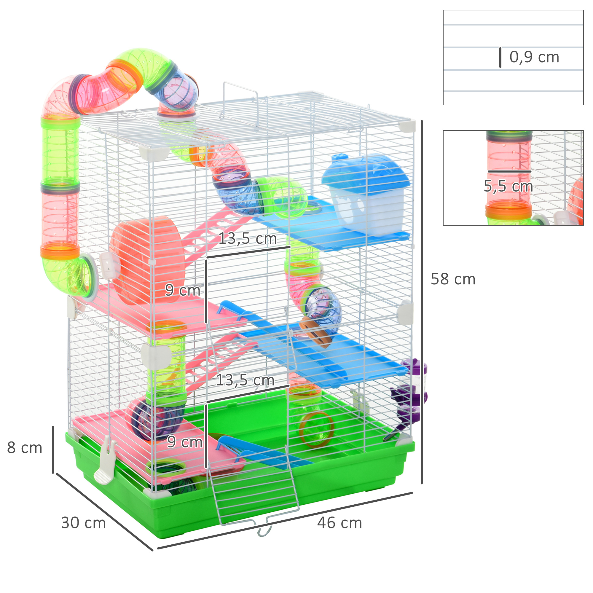 Jaula para hámster con base de plástico y estructura de alambre, incluye tubos y plataformas con medidas.