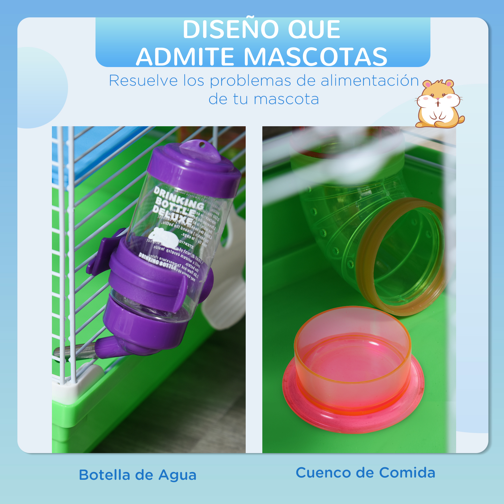 Suministros para mascotas, botella de agua y cuenco de comida, en una jaula verde. Etiquetas de texto en español.