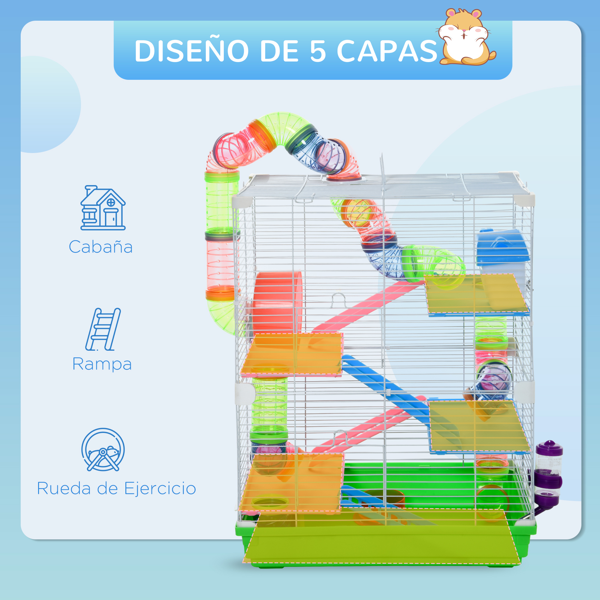 Jaula para hámsteres con múltiples niveles, tubos y rampas. La jaula tiene una base verde y gráficos de hámster.