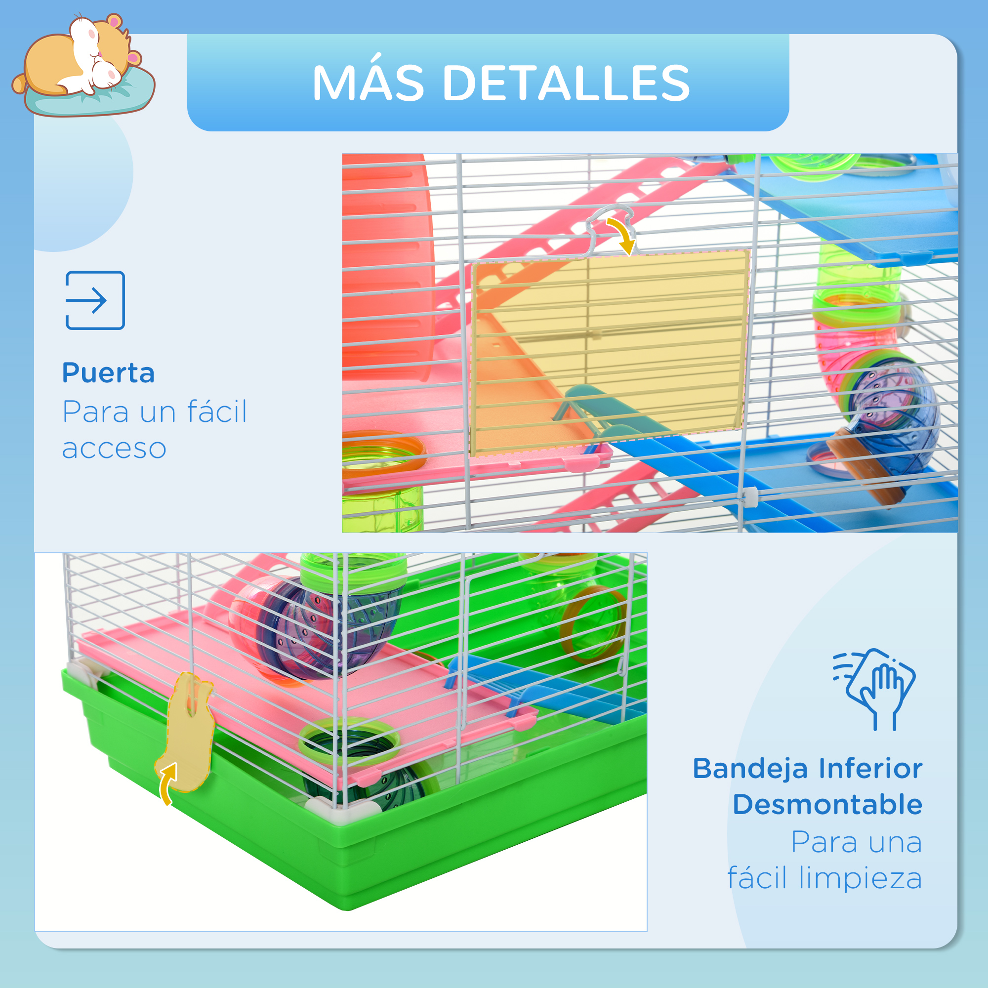 Una jaula para hámsteres con una bandeja inferior extraíble y una puerta de fácil acceso. Múltiples juguetes y niveles.