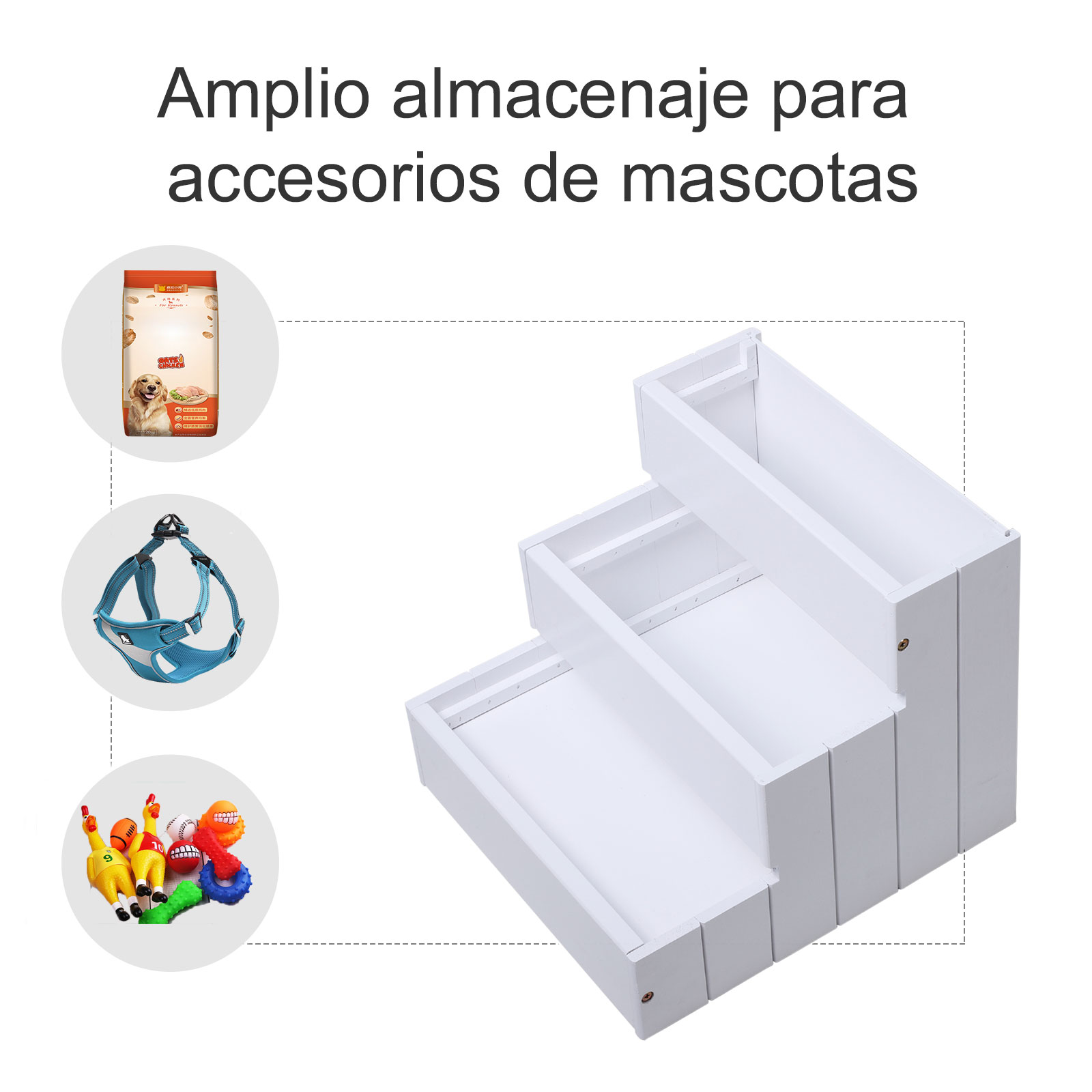 Escaleras blancas para mascotas con comida para mascotas y arnés azul. Incluye juguetes y bolsa de comida.