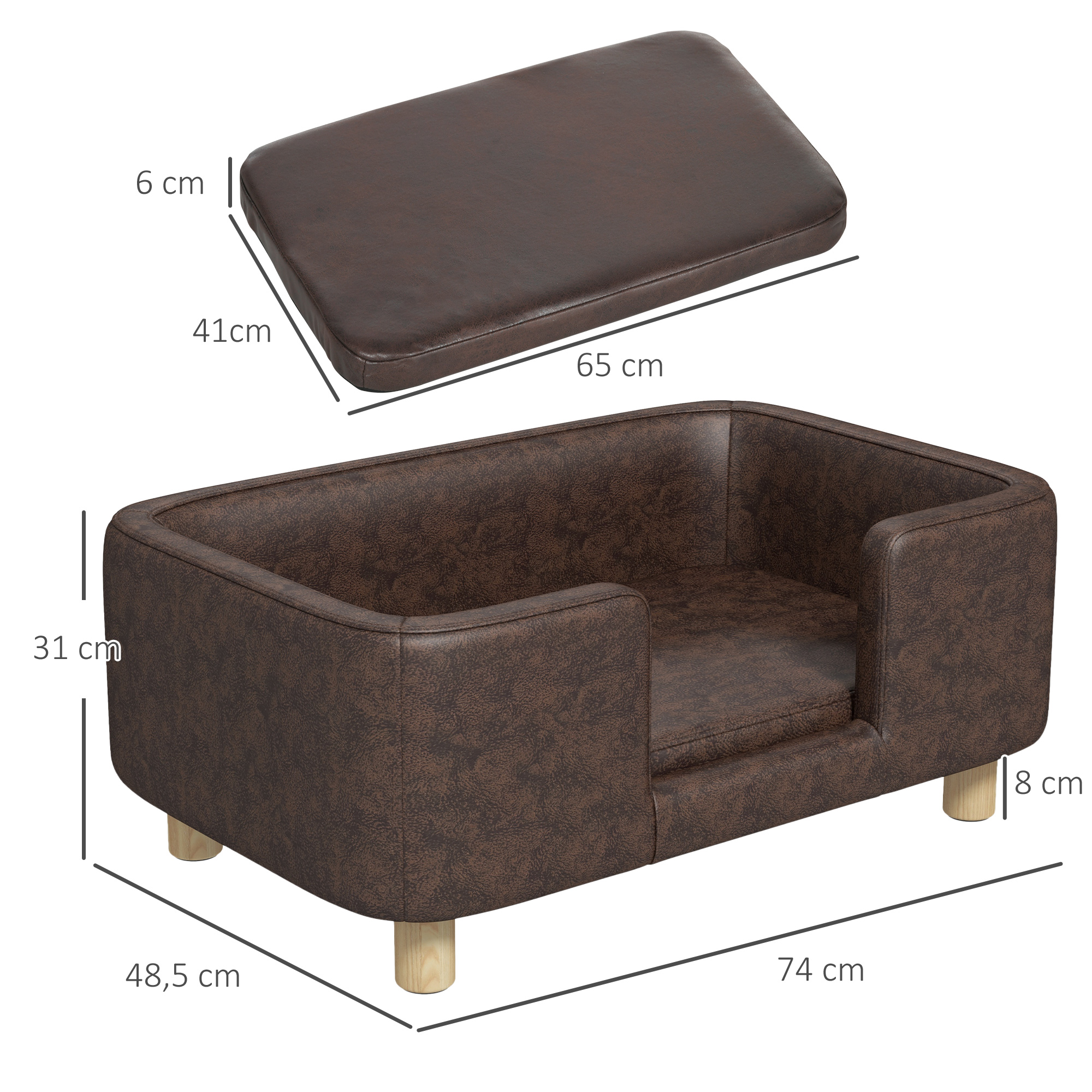 Una cama para perros marrón con forma rectangular y dimensiones etiquetadas en cm, con un cojín separado.