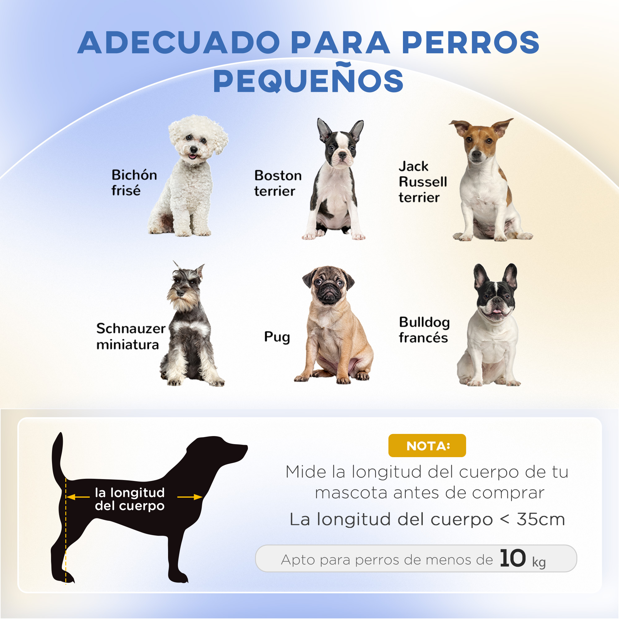 Gráfico con fotos de diferentes razas de perros, apto para perros pequeños. Silueta de un perro.