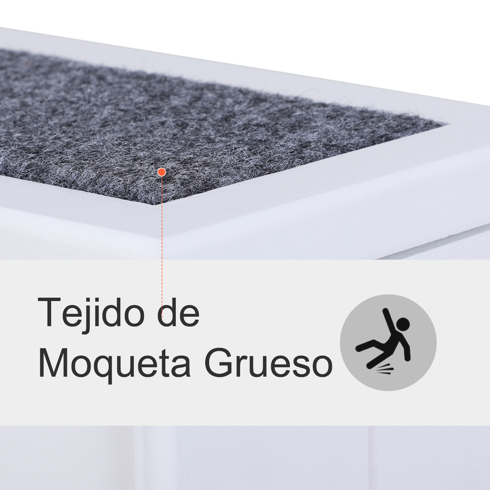 Primer plano de la textura de la alfombra gris en un marco blanco, con un icono de advertencia de peligro de caída.