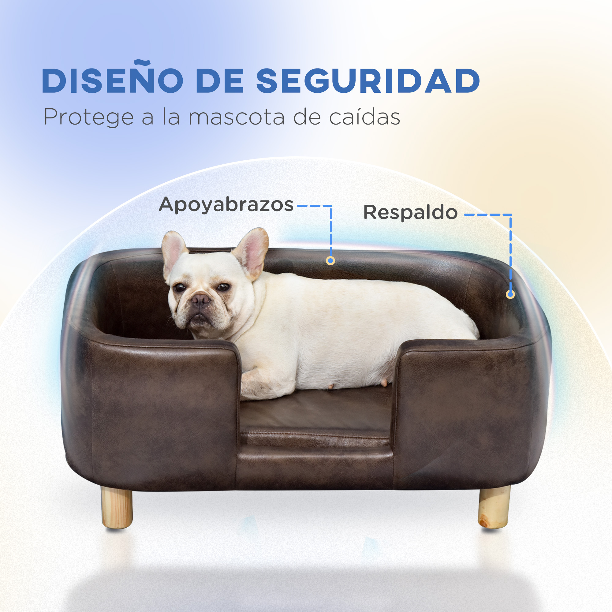 Cama para perros marrón con un perro blanco. La cama tiene laterales altos y patas de madera.