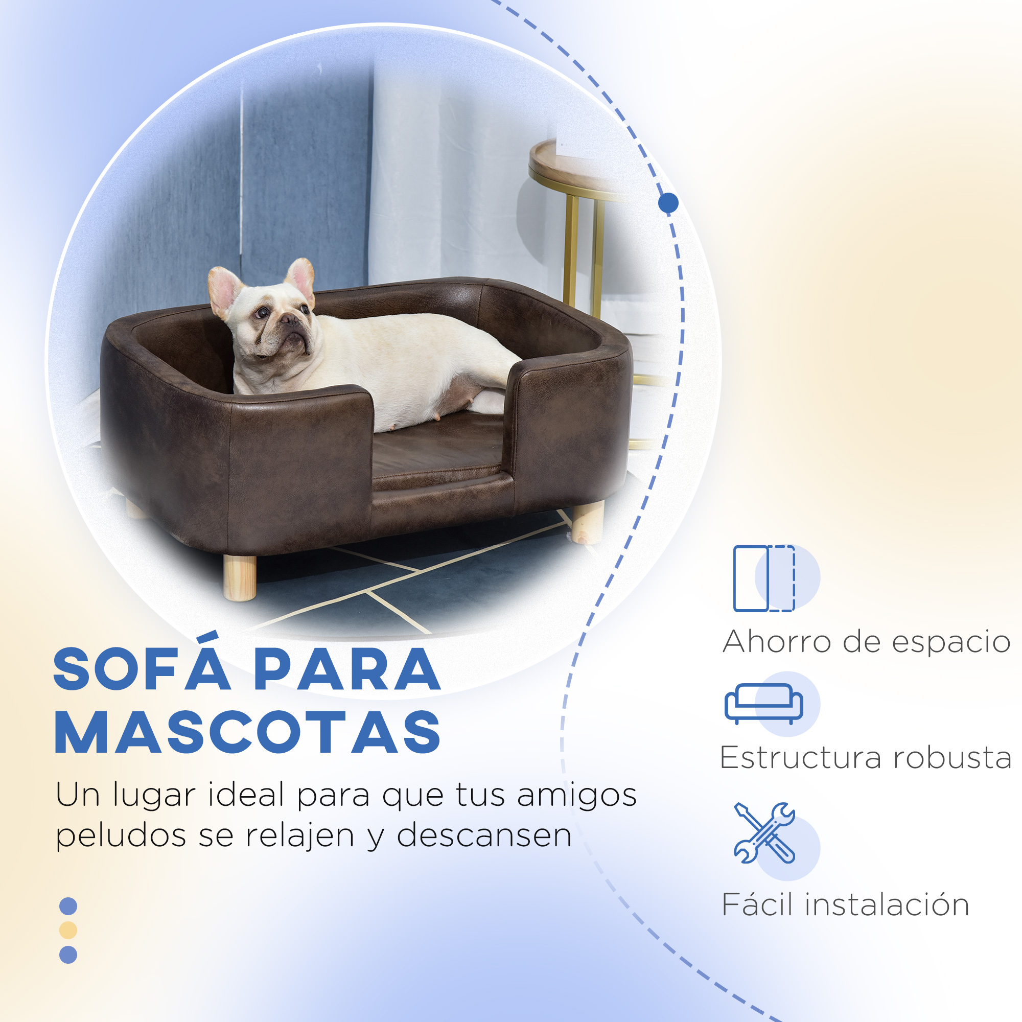 Sofá para mascotas marrón. Un perro está sobre él. El texto incluye ahorro de espacio, estructura robusta e instalación fácil.