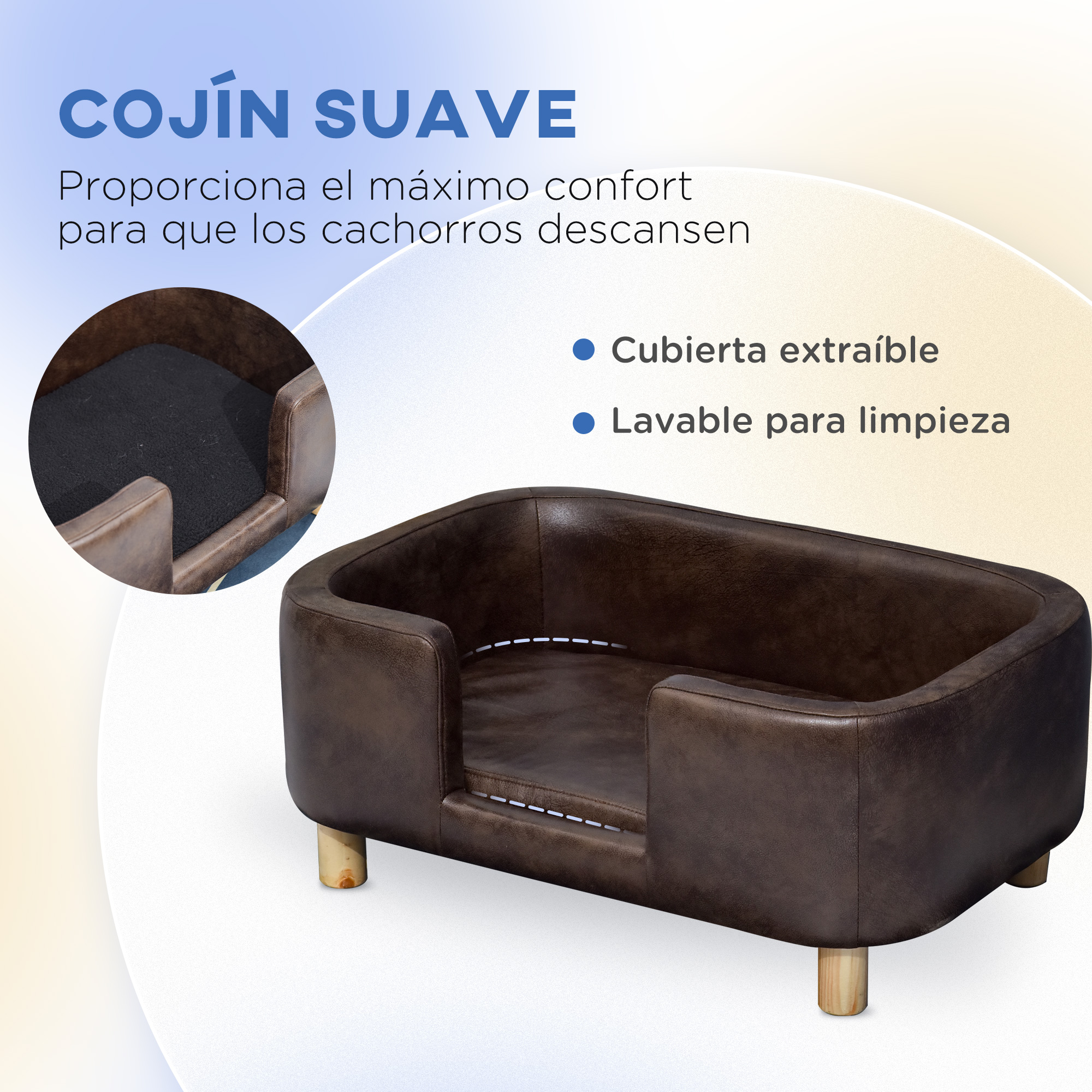 Una cama para perros con un exterior de cuero marrón oscuro y un cojín negro, con texto en español.
