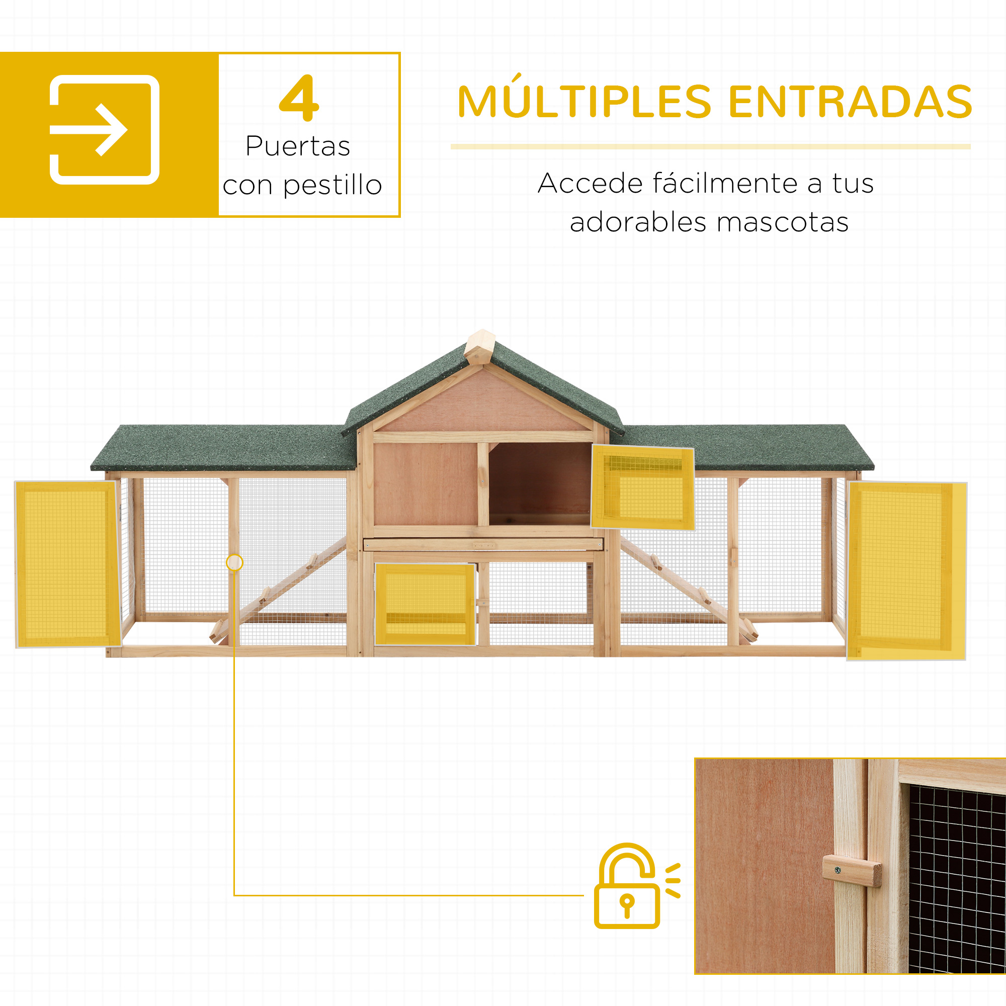 Diagrama de un gallinero con múltiples entradas y una puerta con cerradura.