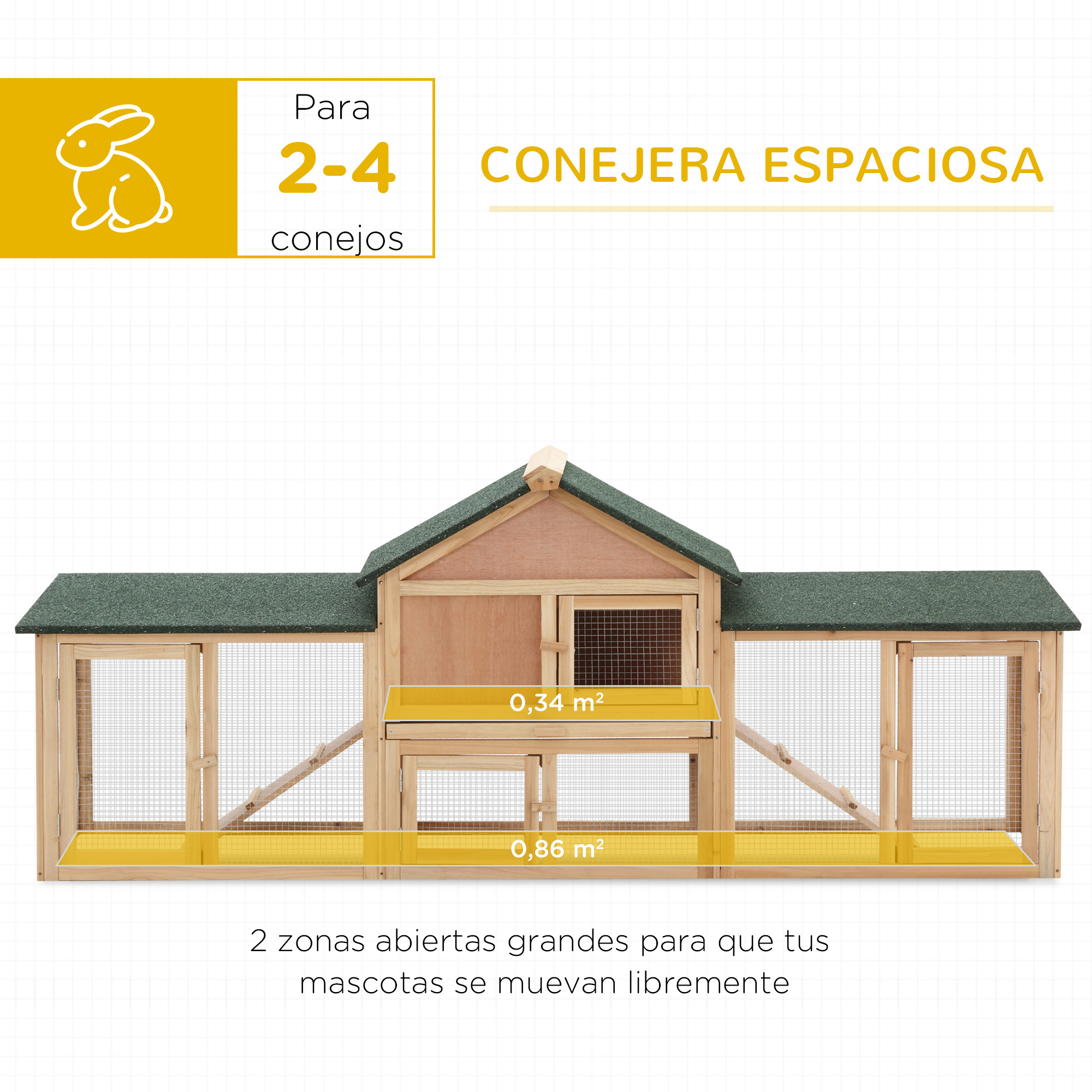 Conejera de madera con áreas abiertas, para 2-4 conejos. Techo verde, malla metálica.