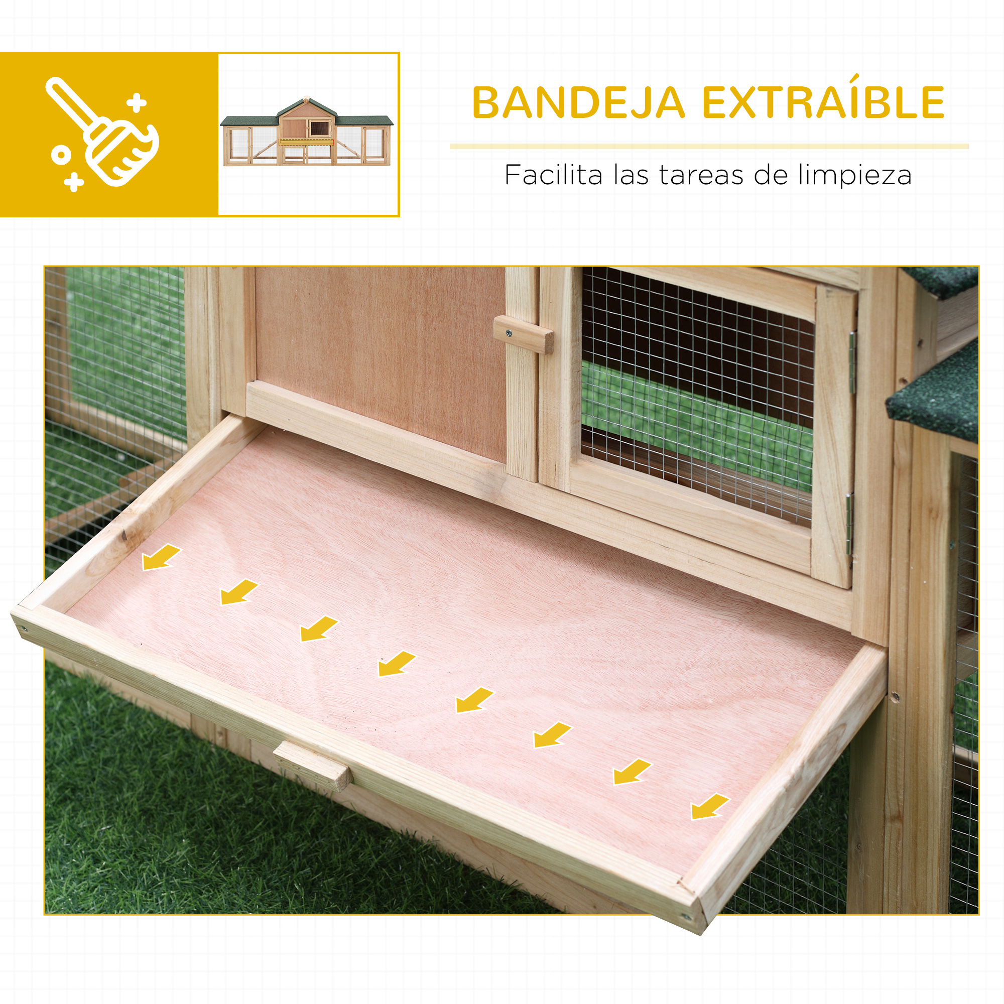 Gallinero de madera con bandeja extraíble y flechas amarillas.
