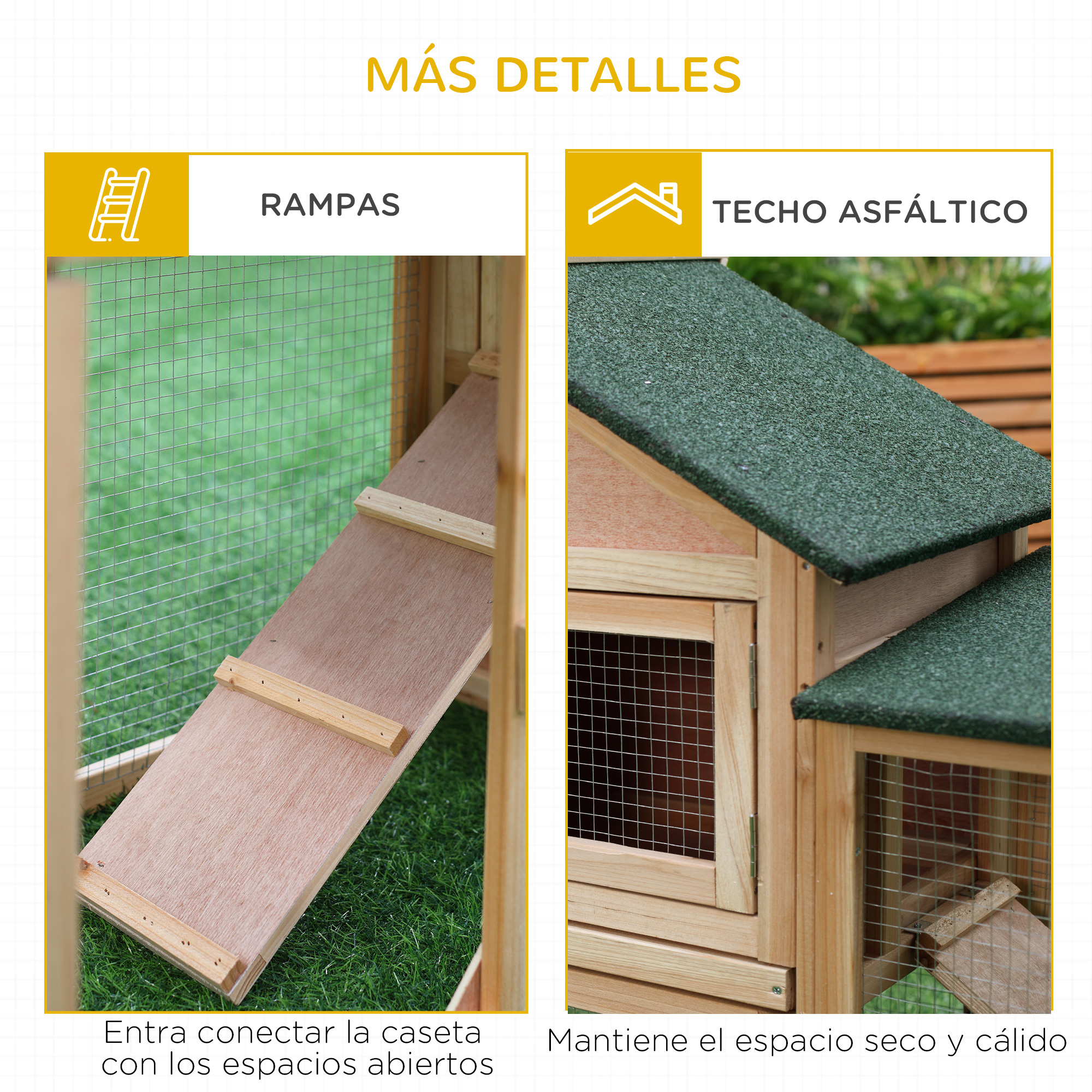 Casa de perro de madera con rampas y techo asfáltico, incluidos detalles sobre los espacios abiertos y el refugio cálido.