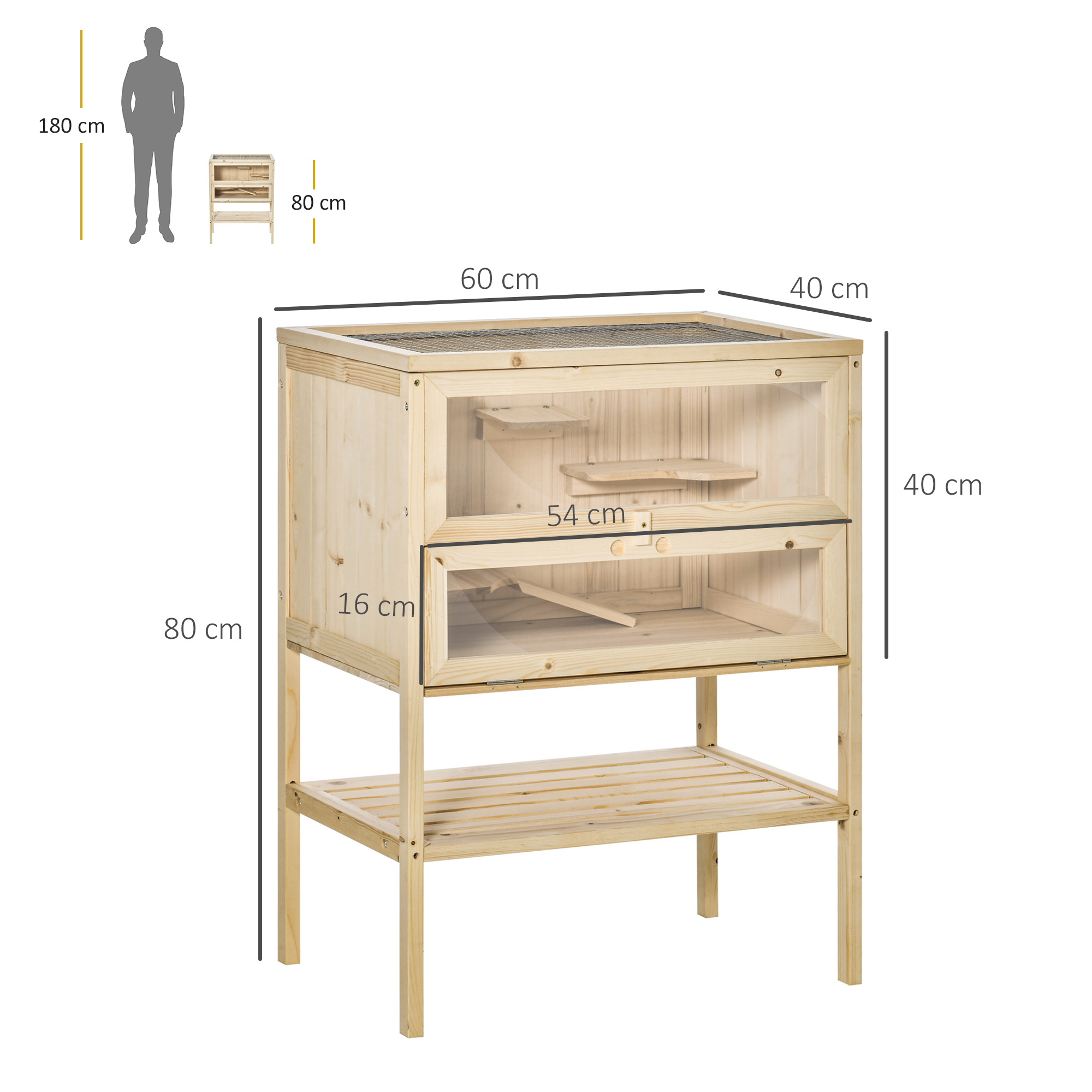 Jaula de hámster de madera con dos niveles, puertas de vidrio y techo de malla. Dimensiones incluidas.