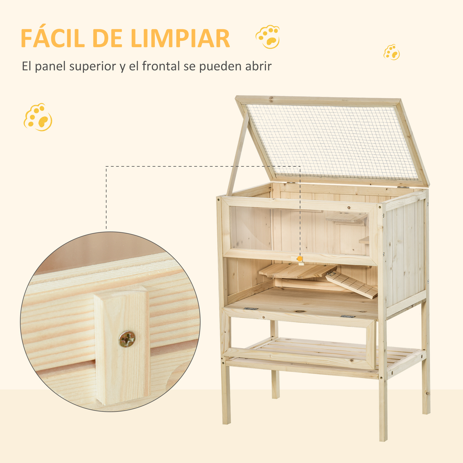 Una jaula de madera para mascotas con una parte superior de malla. Se muestran detalles de la estructura de madera.