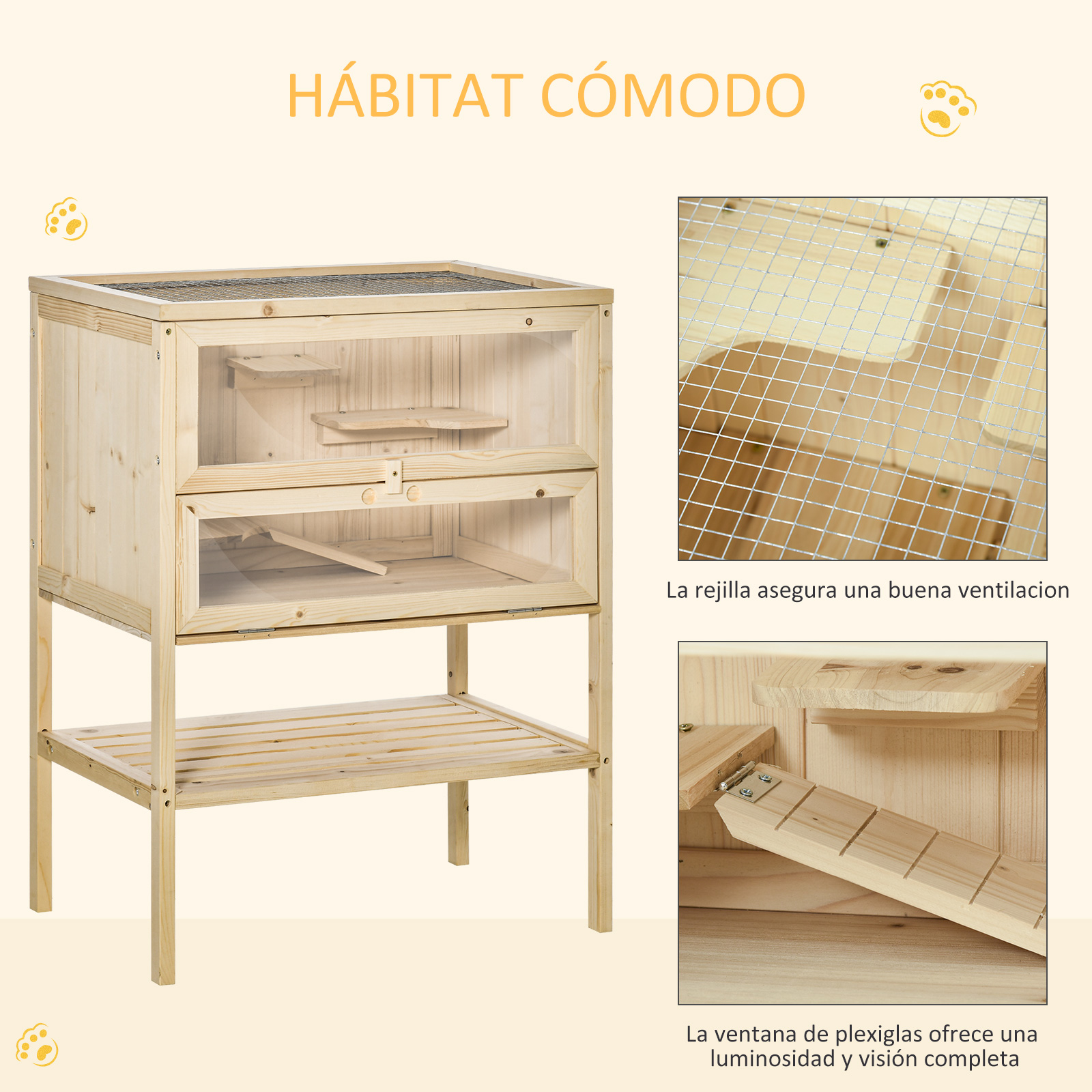 Jaula de hámster de madera con múltiples vistas. Incluye una ventana transparente, malla de alambre y una rampa.