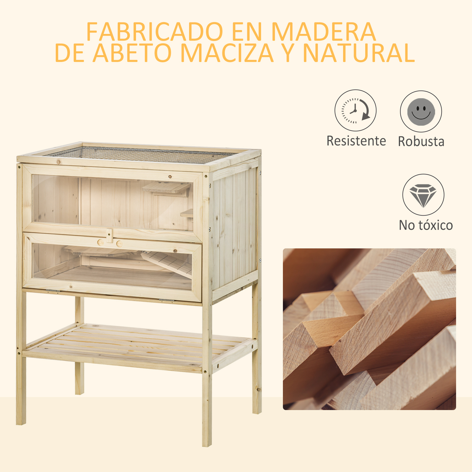 Un hábitat de mascotas de madera con dos puertas delanteras transparentes. Texto e iconos presentes.