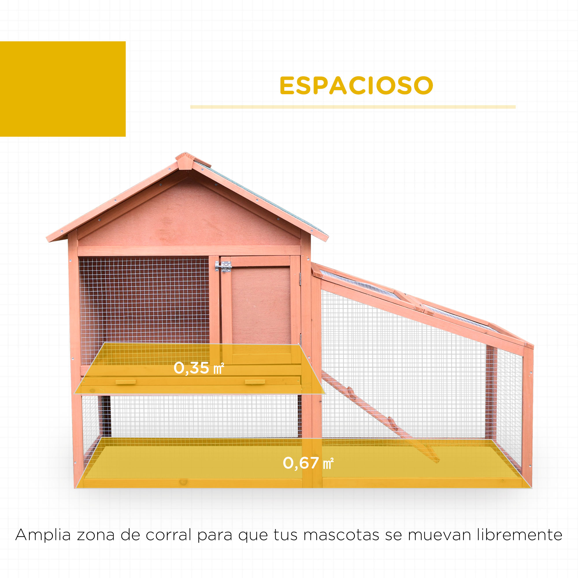 Una conejera de madera con un rectángulo amarillo. El texto es visible.