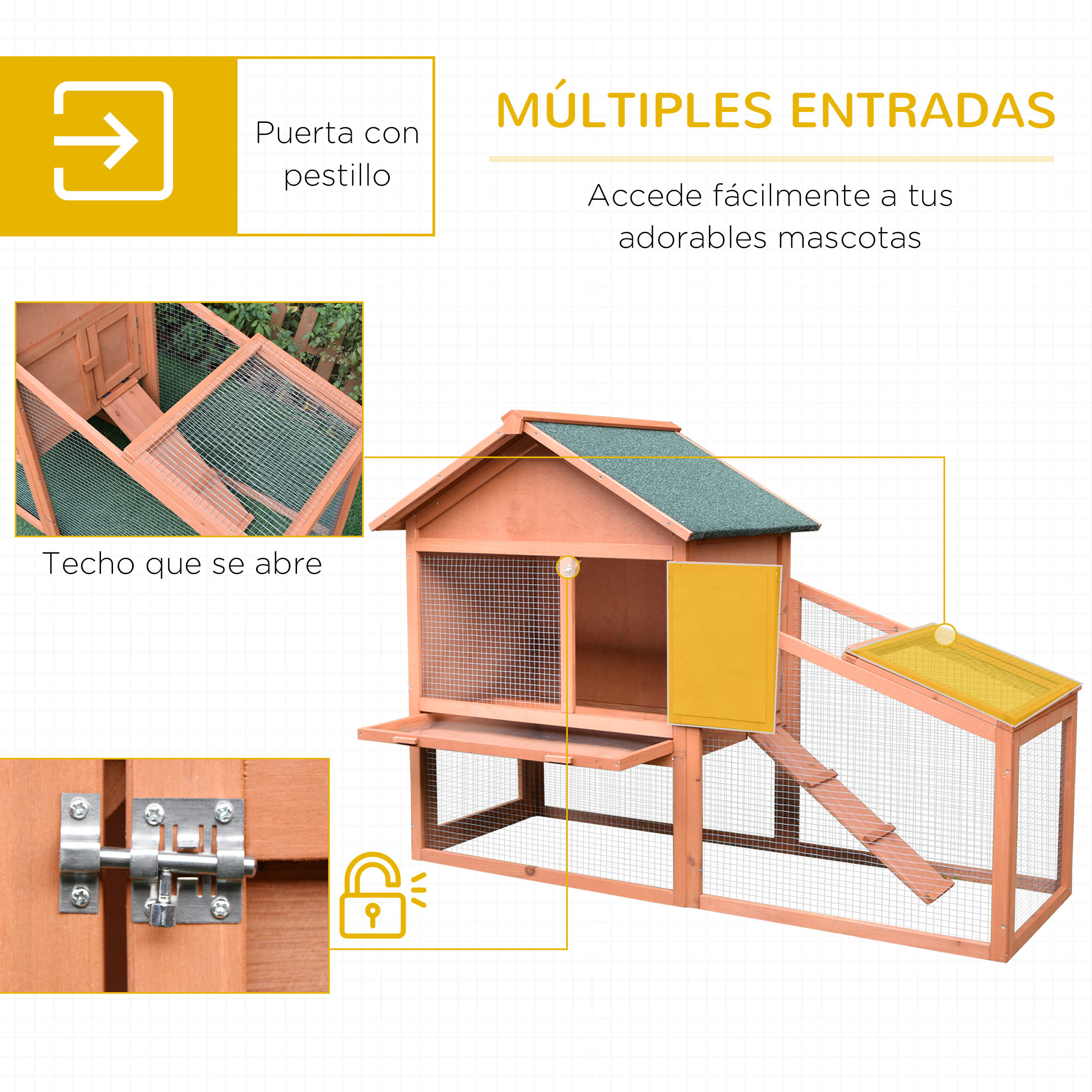 Gallinero de madera con rampa, múltiples entradas y un pestillo.