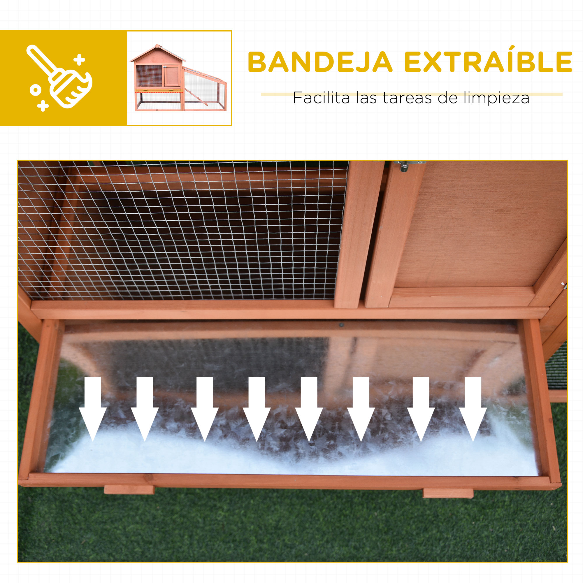 Conejera de madera con bandeja extraíble. La bandeja se desliza para limpiarla.