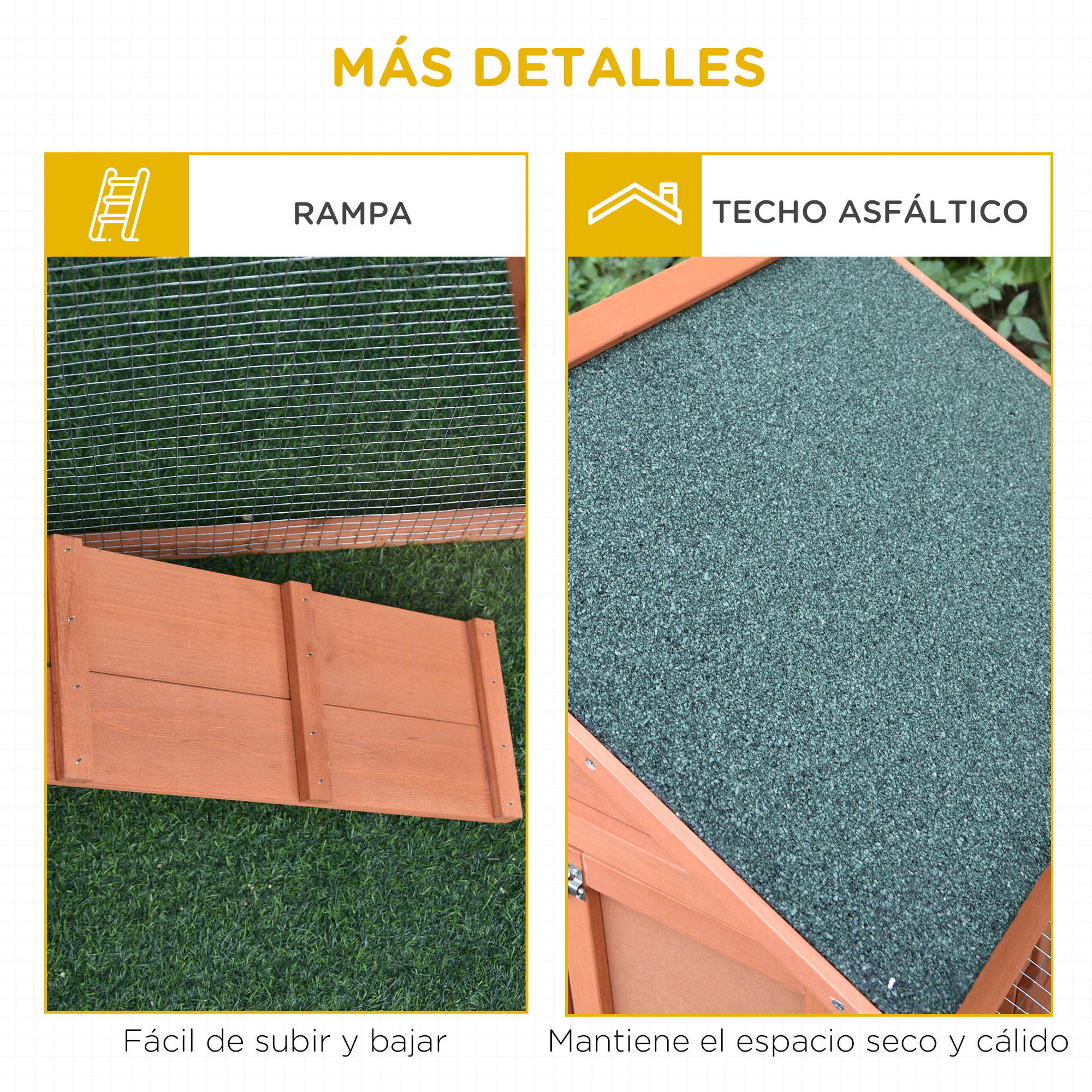 Detalles de una conejera: rampa y techo asfáltico. Fácil de subir y mantiene el espacio seco y cálido.