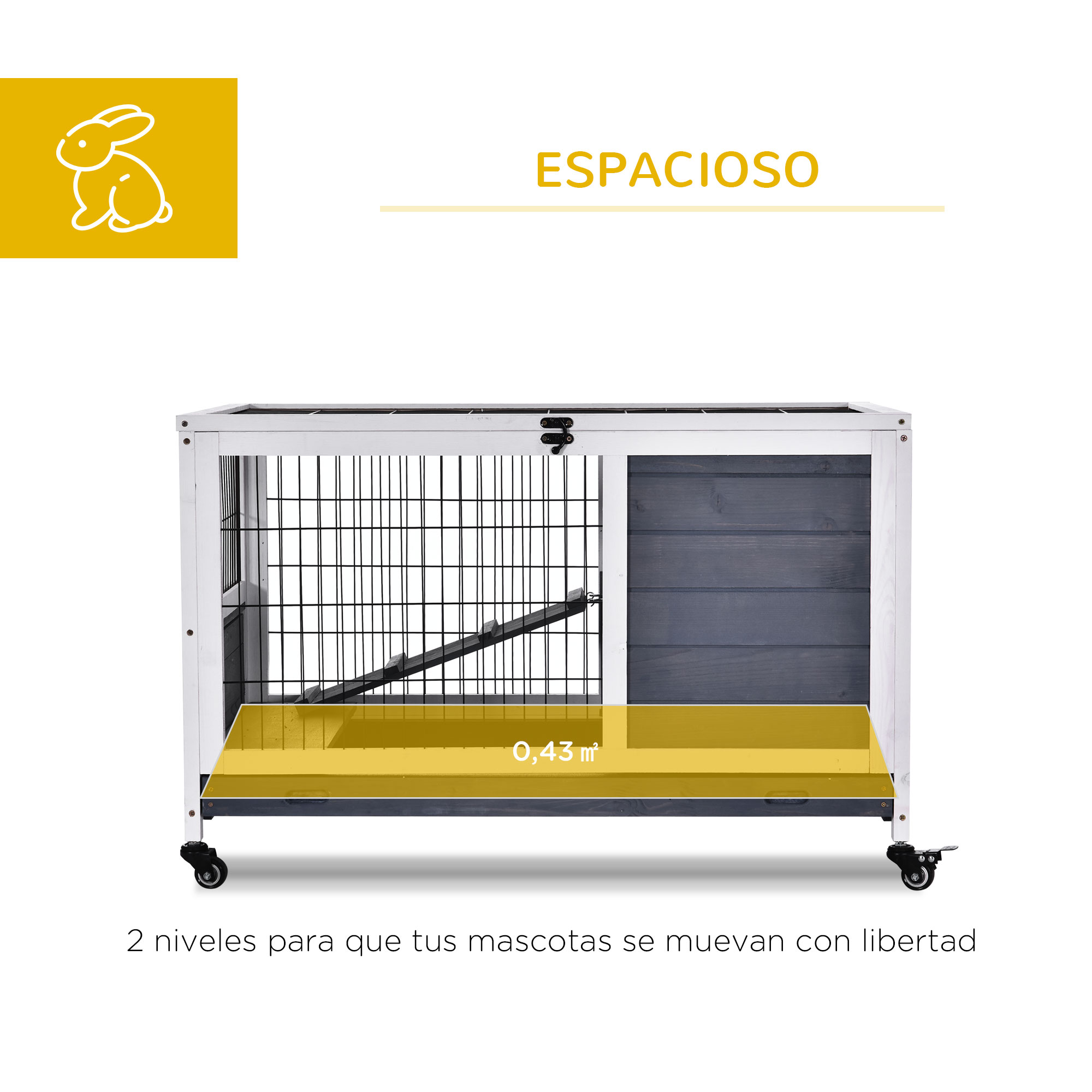 Jaula blanca para conejos sobre ruedas con rampa. Diseño de madera gris y malla metálica.