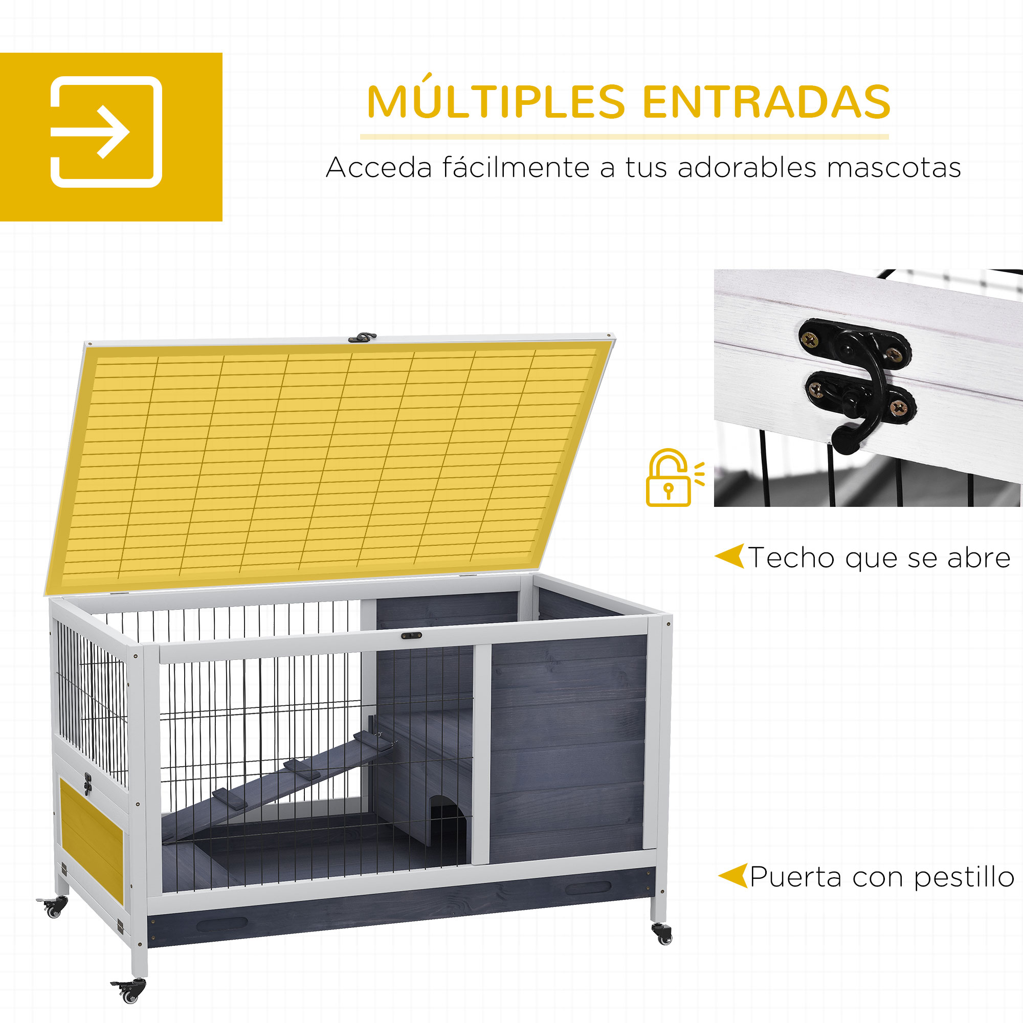 Una casa de mascotas de madera con techo amarillo abatible y puerta gris oscura.