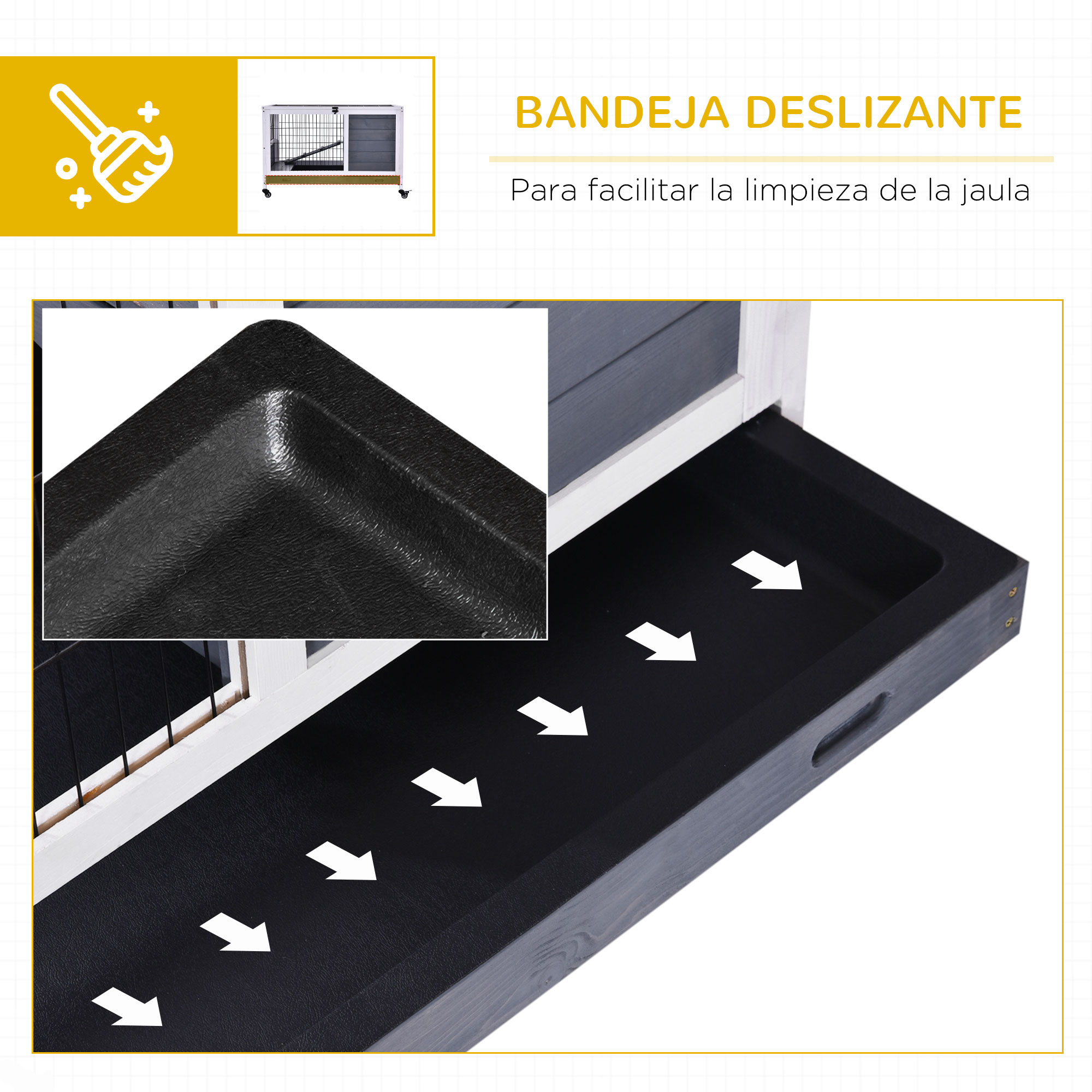 Bandeja deslizante para una jaula de mascotas. Las flechas indican la dirección de limpieza con una vista de primer plano.