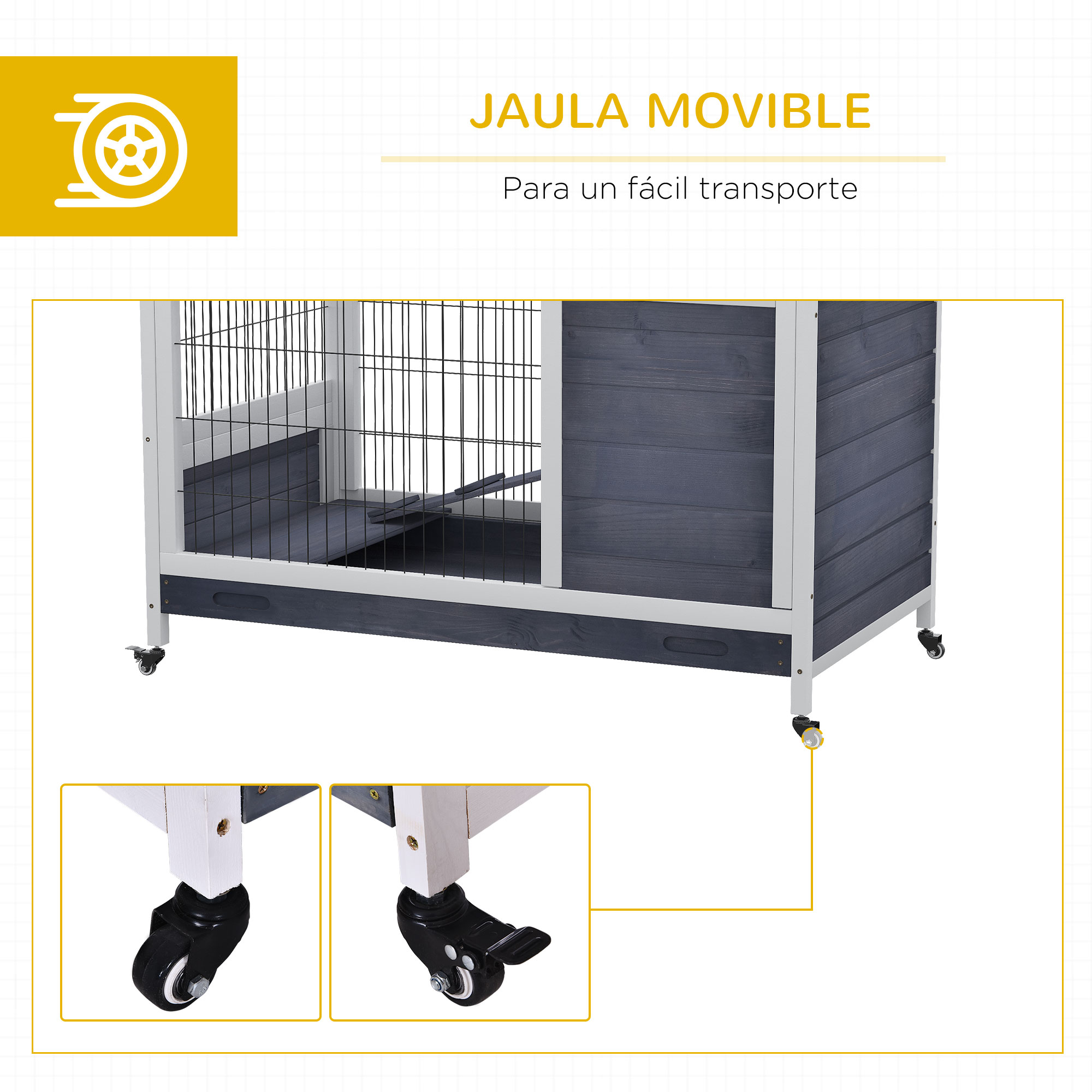 Jaula movible para hámster con marco de madera, rejilla metálica y ruedas, con detalles de ruedas.