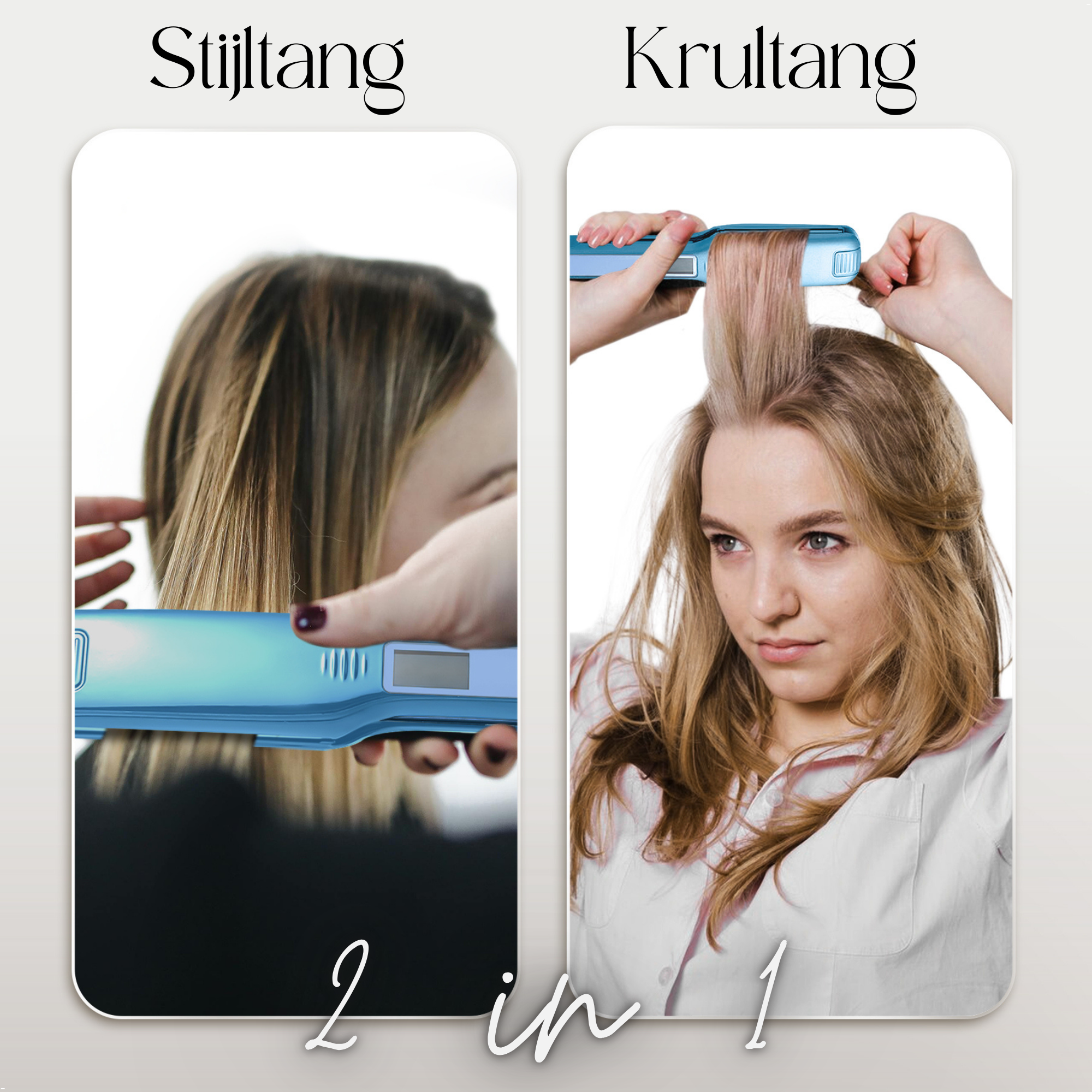 Een vrouw die een stijltang en krultang gebruikt, naast elkaar, met tekstoverlay.