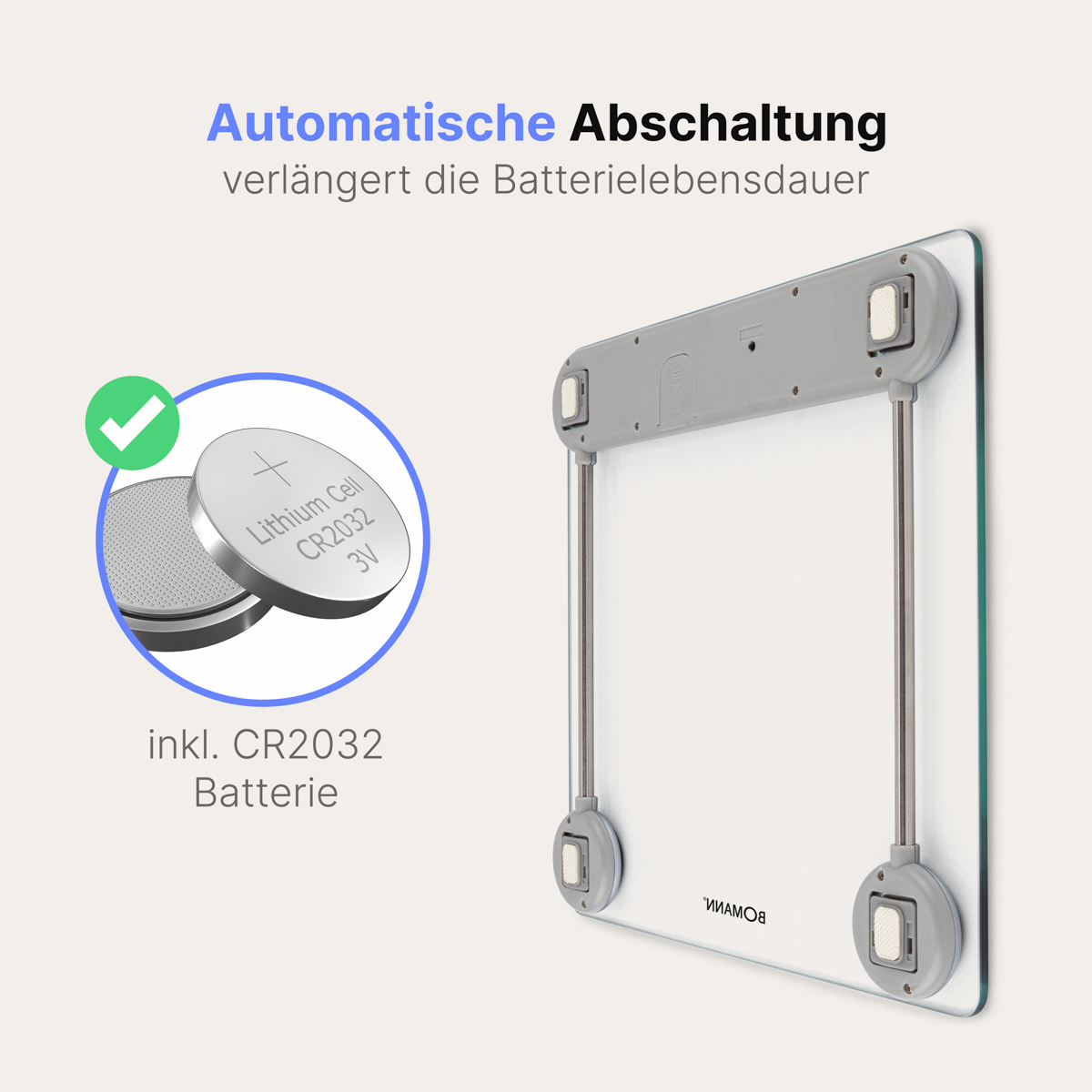 Waga cyfrowa z baterią, pokazująca zielony haczyk, sugerujący przedłużenie żywotności baterii.