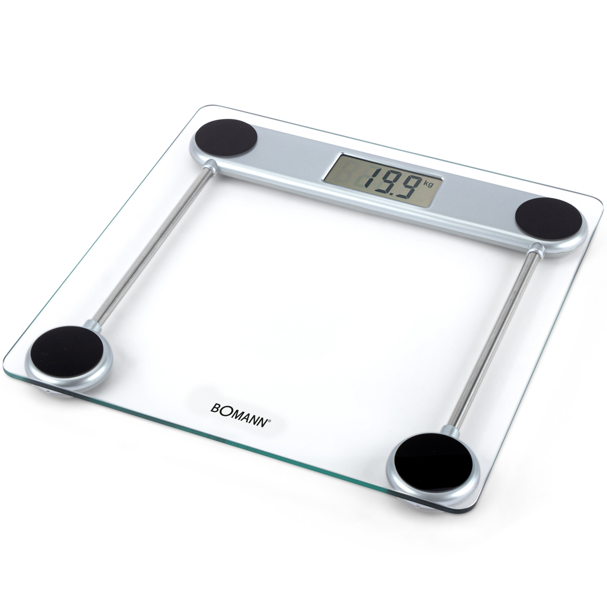 Cyfrowa waga łazienkowa pokazująca 19,9 kg na szklanej powierzchni. Czarne kółka na każdym rogu.