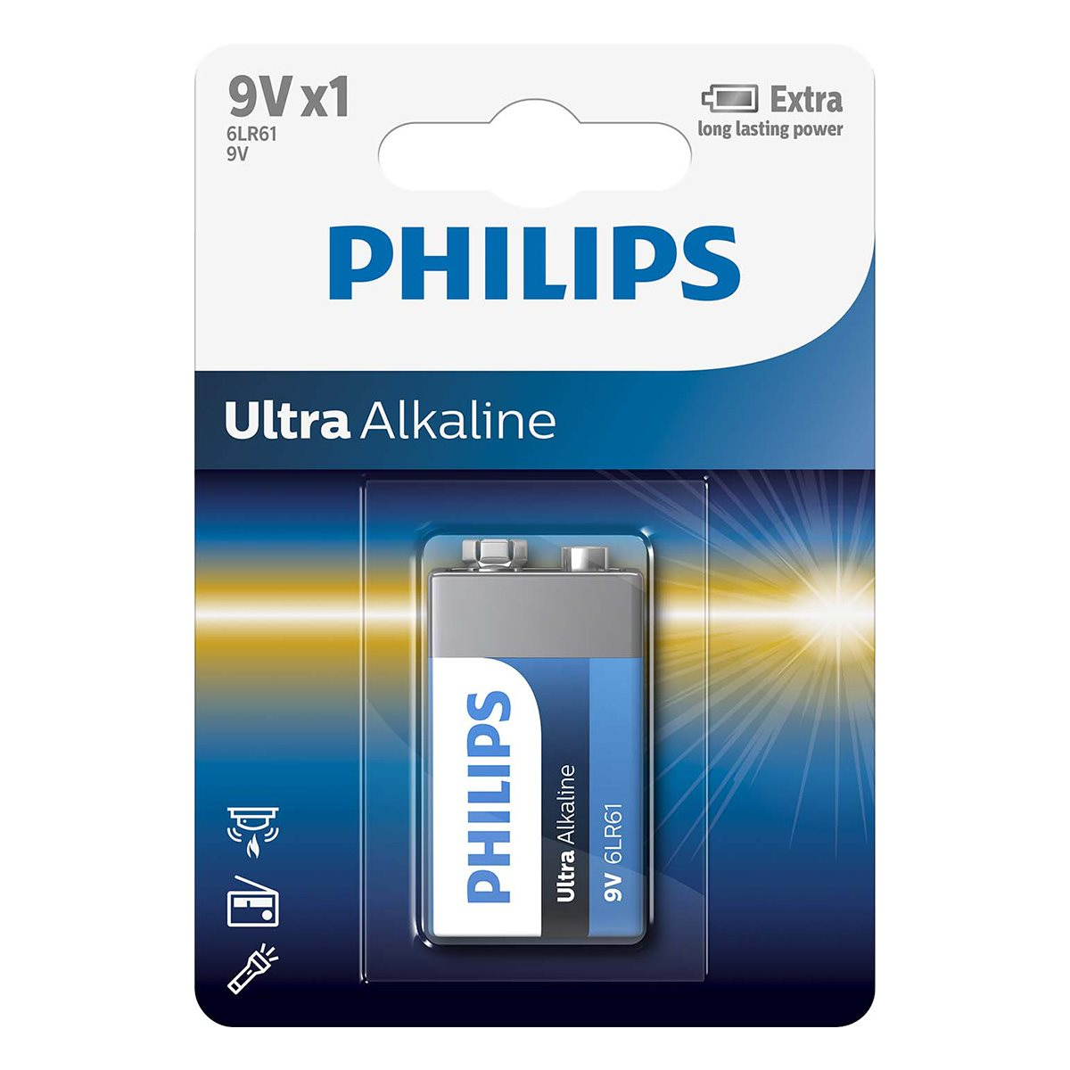 Bateria Philips Ultra Alkaline 9V w opakowaniu. Bateria jest szara i niebieska.