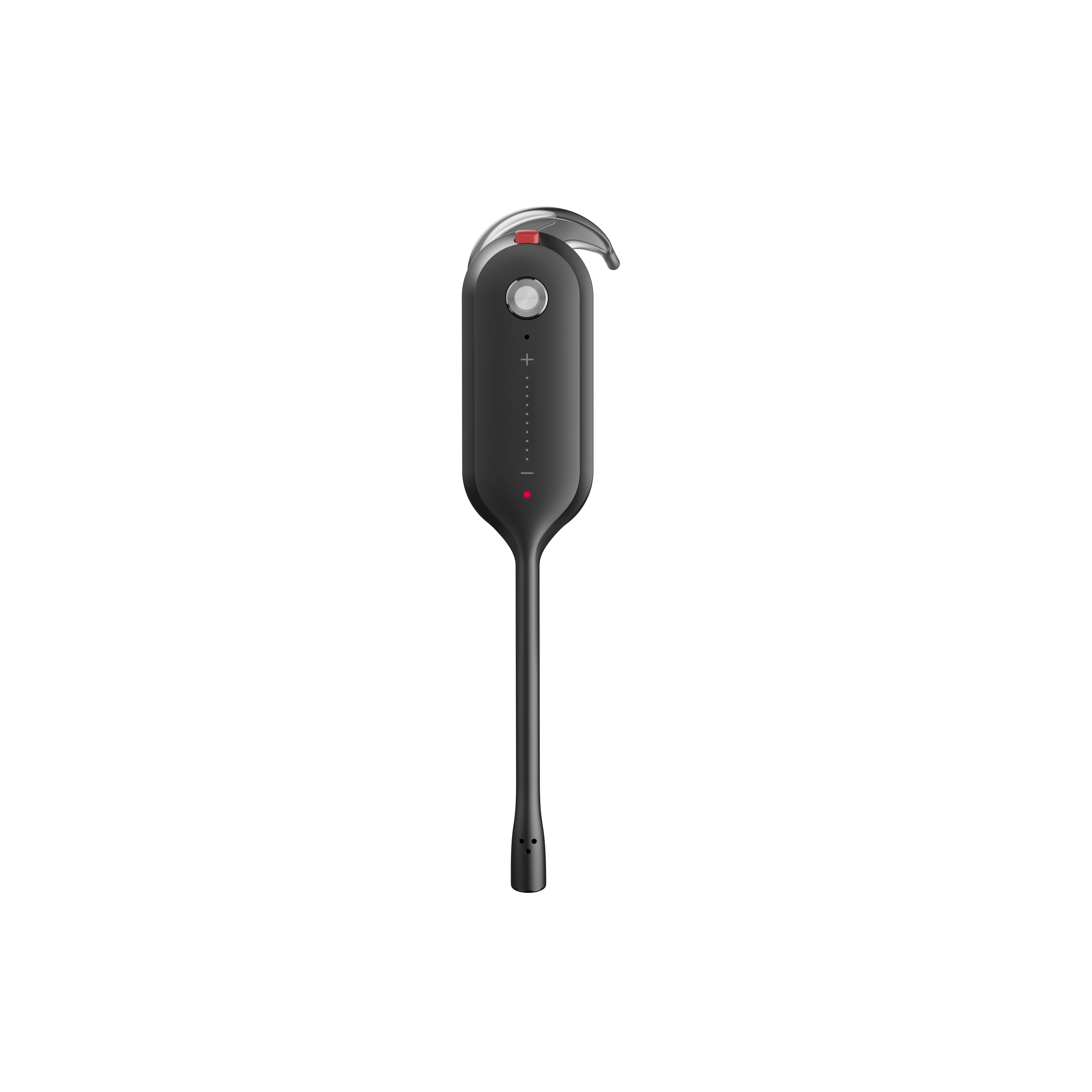 Auricolare nero con microfono e pulsante rosso. È un auricolare.