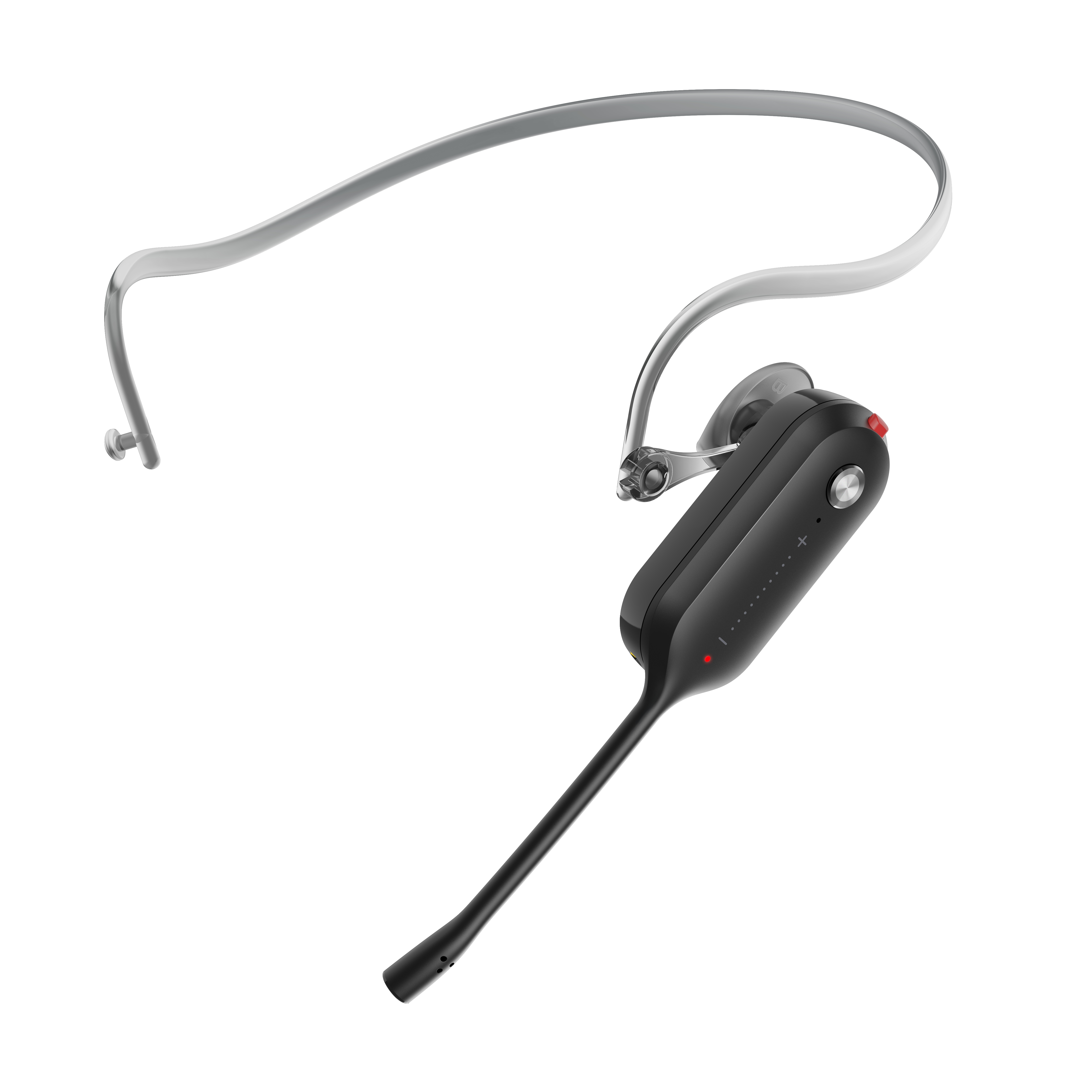 Cuffie nere con fascia argentata e microfono. Luce rossa sul lato dell'auricolare.