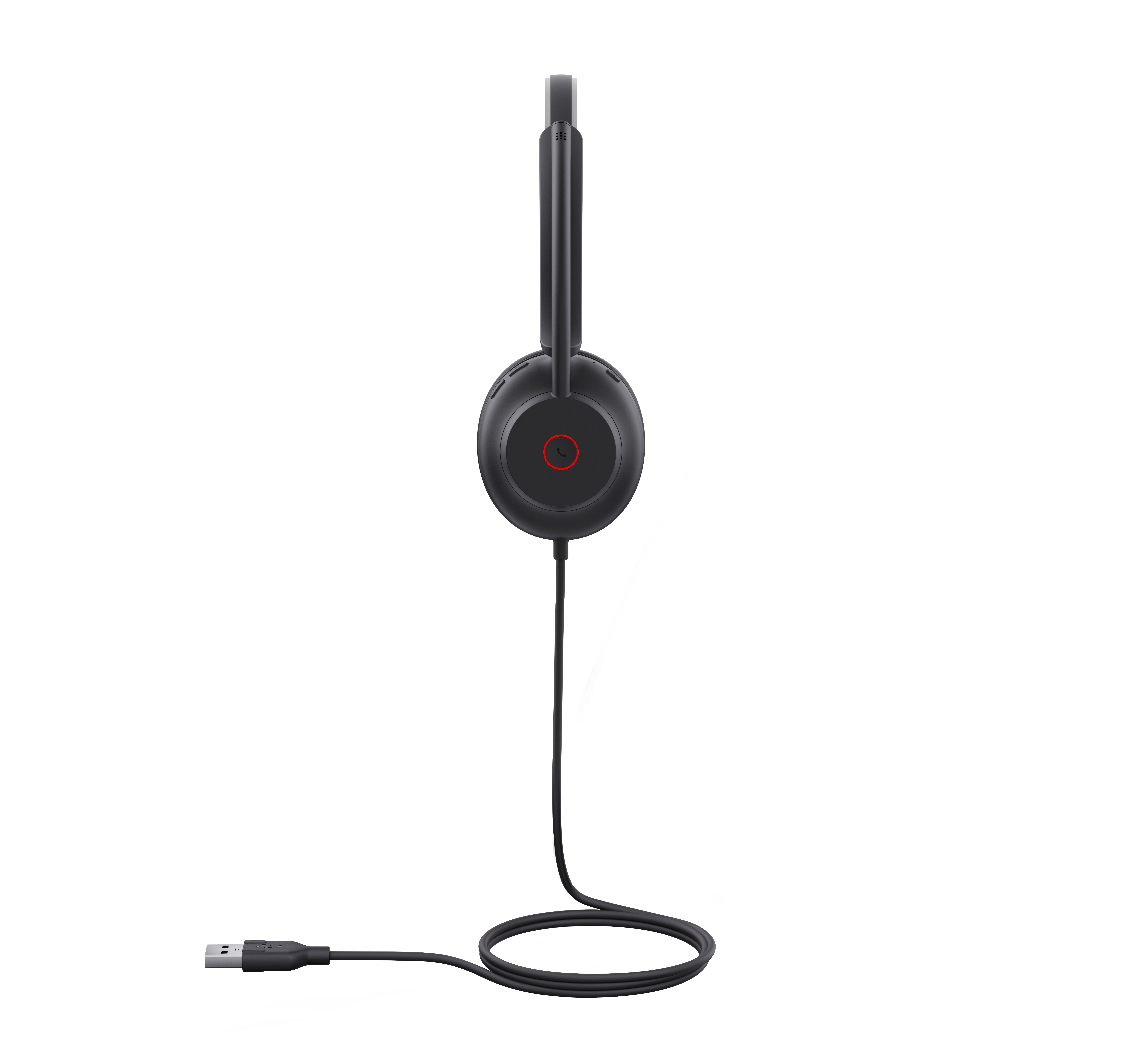 Cuffia nera con microfono e cavo USB, su sfondo bianco.