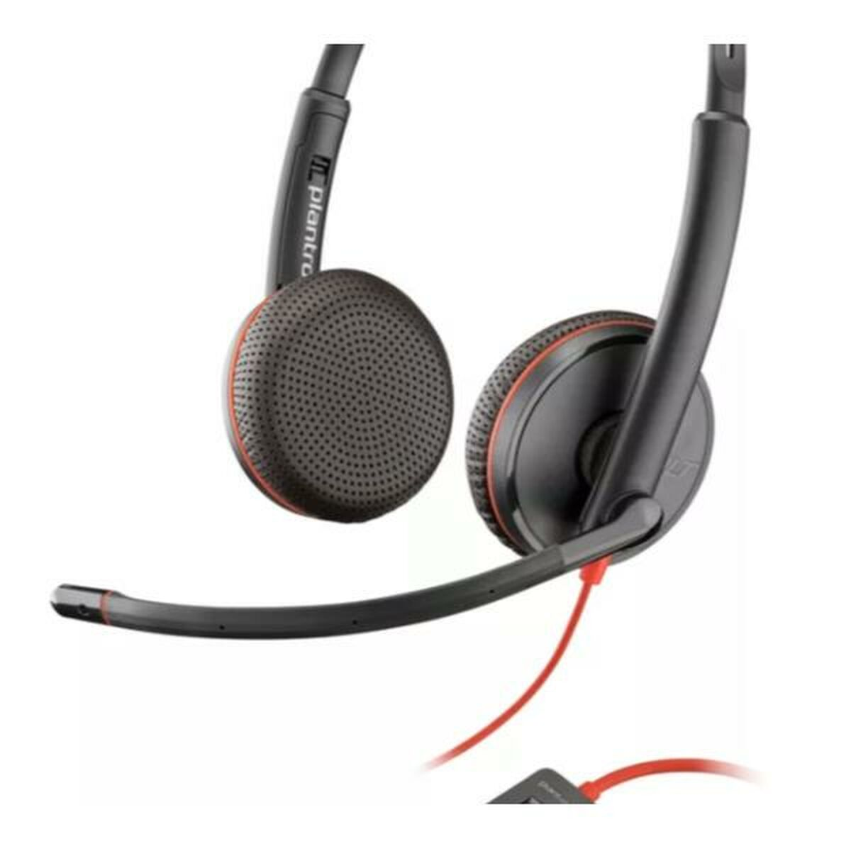 Un casque avec un microphone, des oreillettes avec des accents rouges et un câble rouge.