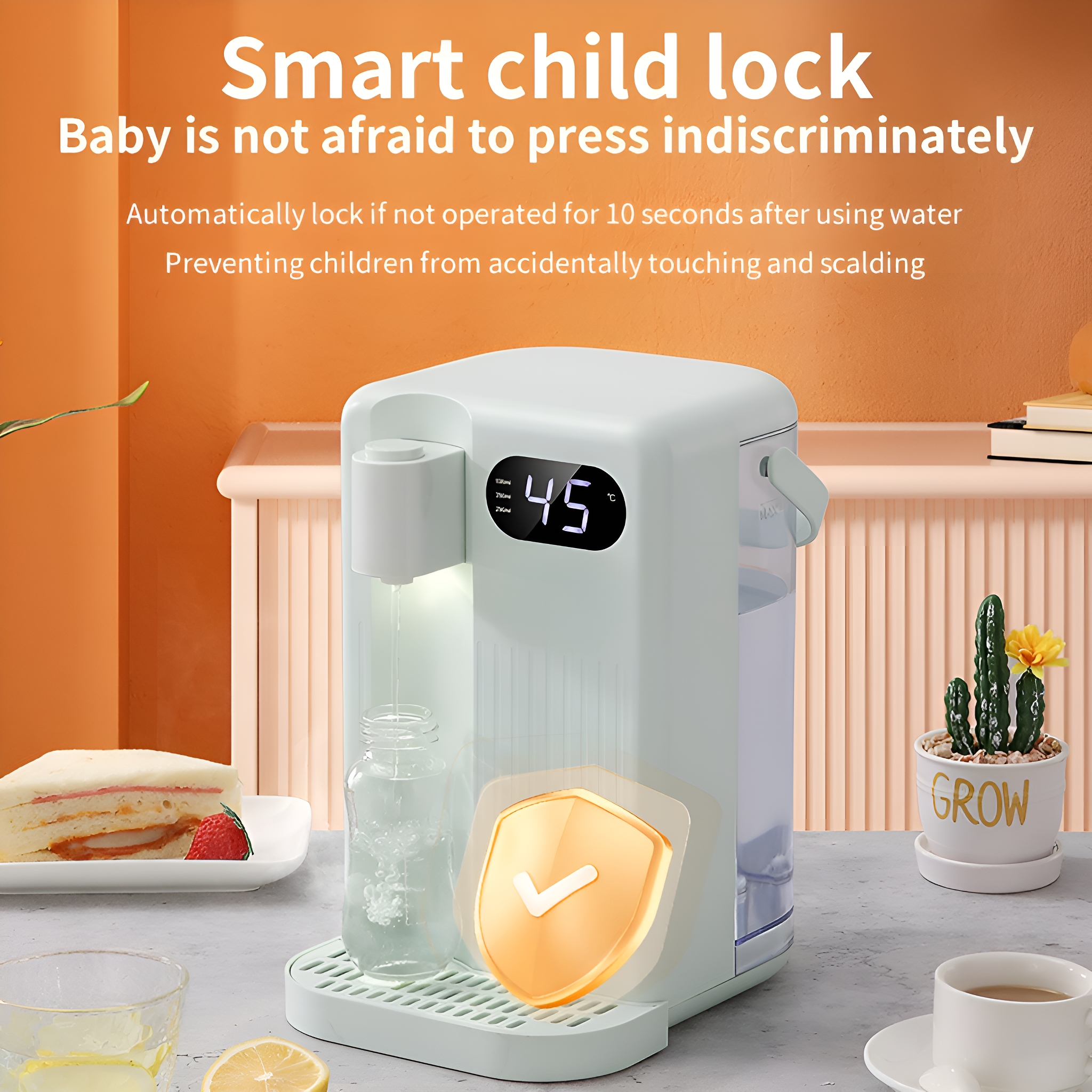 Ein Babyflaschenwärmer mit Digitalanzeige, Flasche und Sandwich. Text: Smart Kindersicherung.