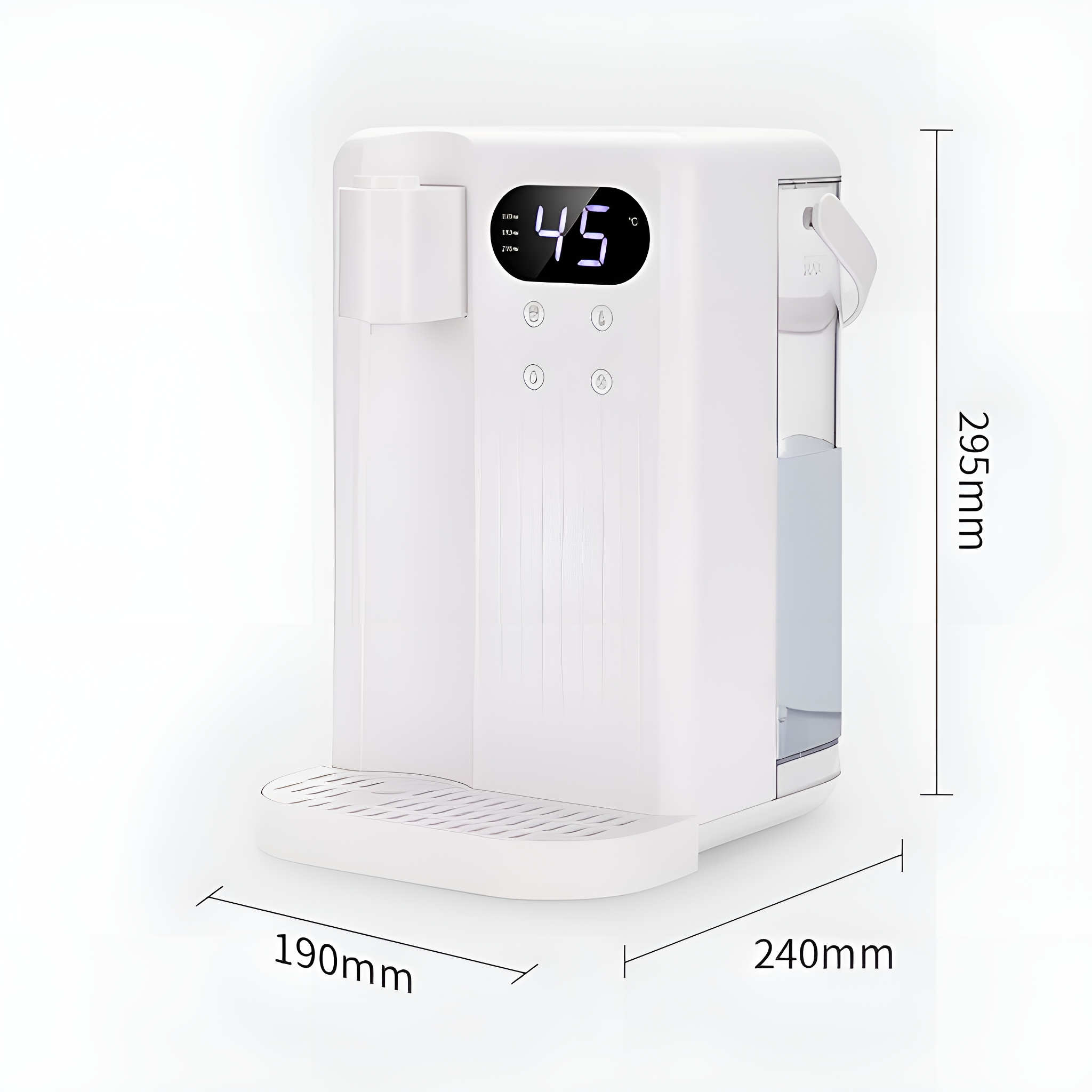 Weißer Wasserspender mit digitaler Anzeige. Weißer Hintergrund.