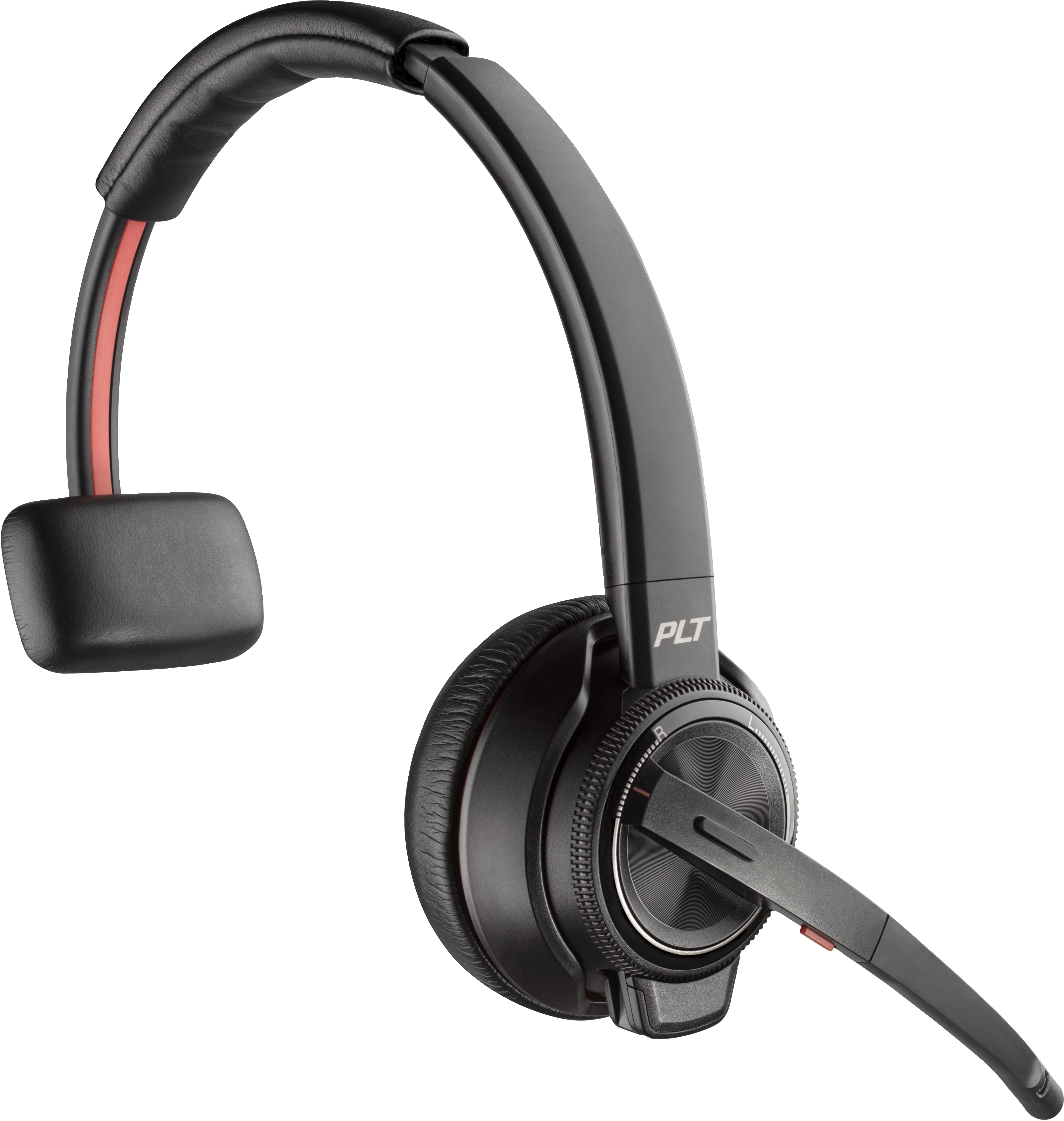 Cuffie wireless nere con microfono e un accento rosso sulla fascia, isolate.