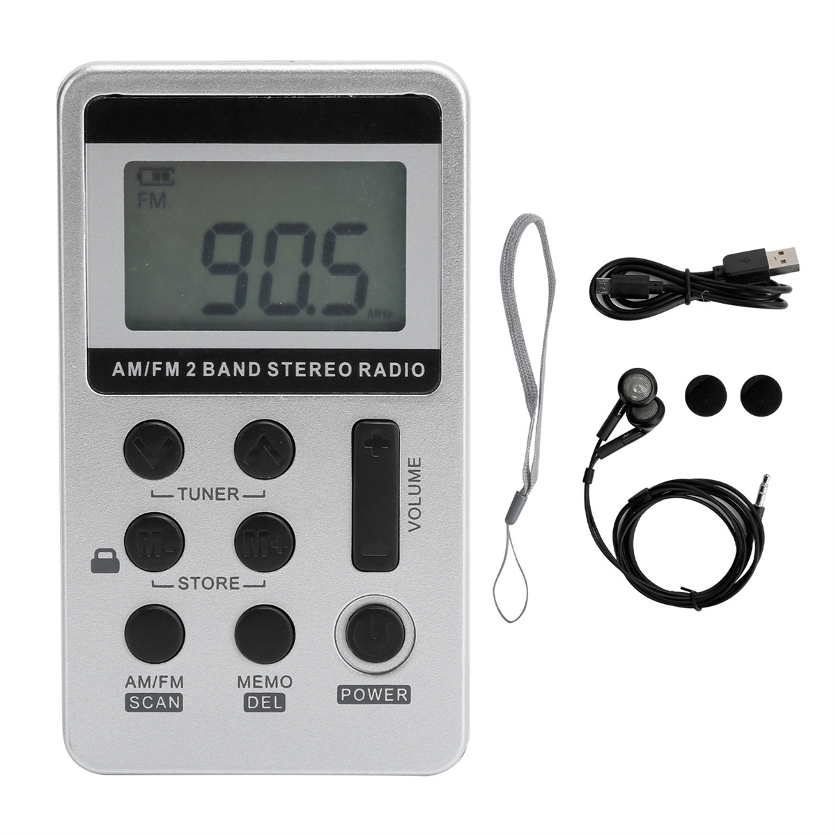 Silbernes AM/FM-Radio mit Display, das 90,5 MHz anzeigt. Inklusive Kopfhörer, Kabel und Zubehör.