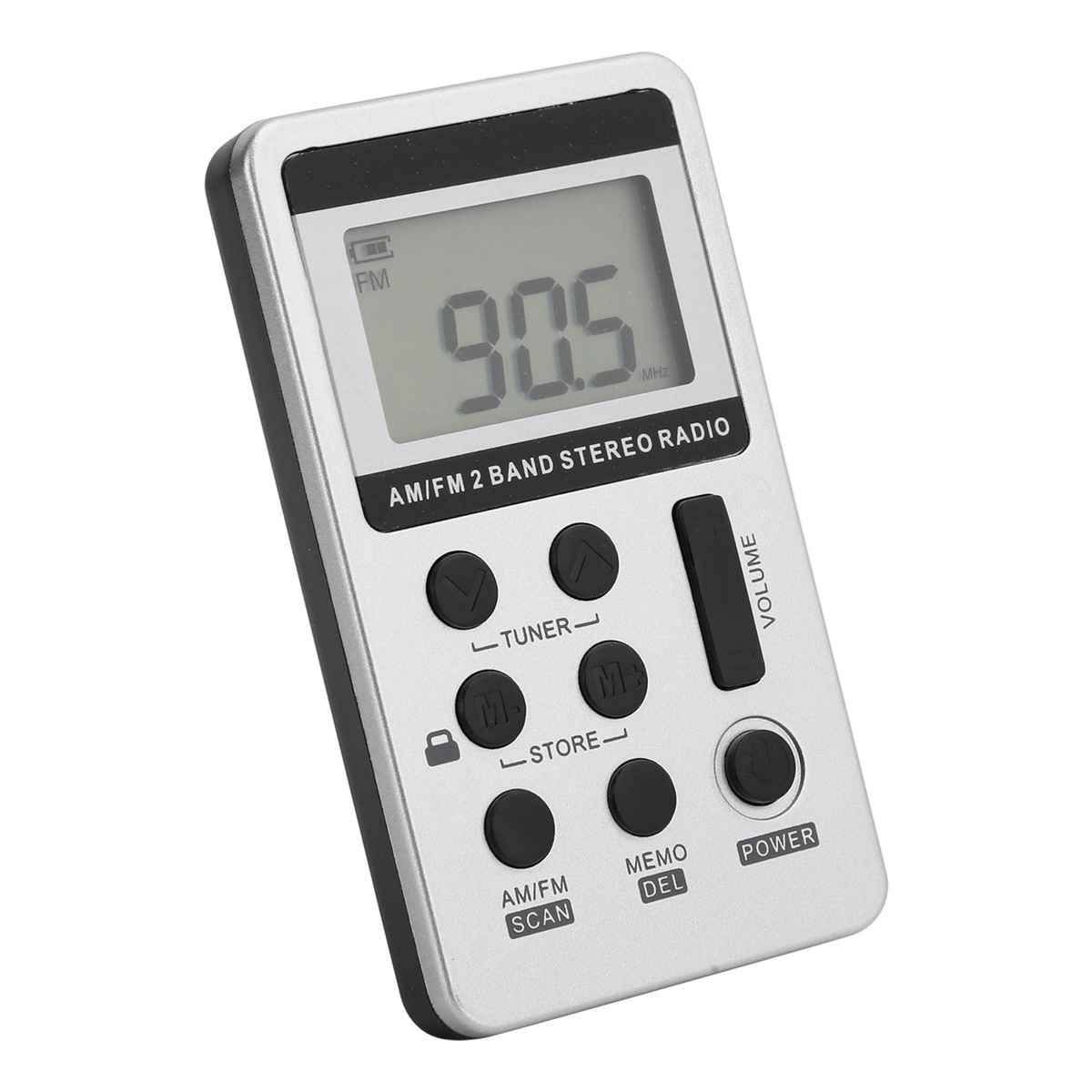 Silbernes AM/FM-Radio mit Knöpfen, LCD zeigt 90,5 MHz. Knöpfe: Tuner, Speicher, AM/FM, Memo, Lautstärke, Ein/Aus.