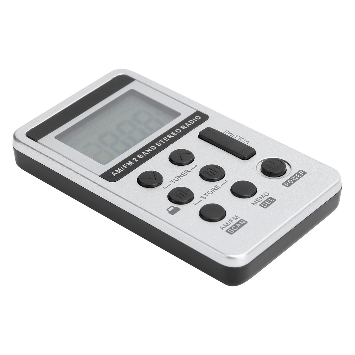 Silbernes AM/FM-Stereo-Radio mit Digitalanzeige und Funktionstasten.