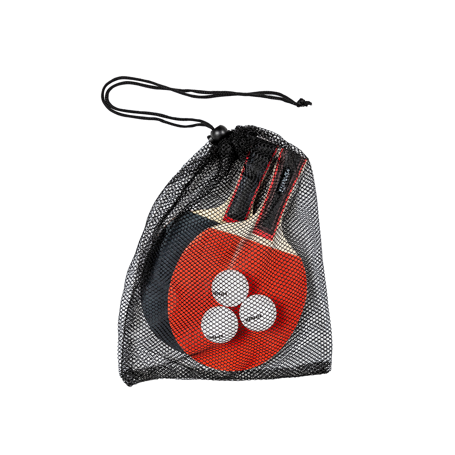 Eine schwarze Netztasche mit zwei Tischtennisschlägern und drei weißen Tischtennisbällen.