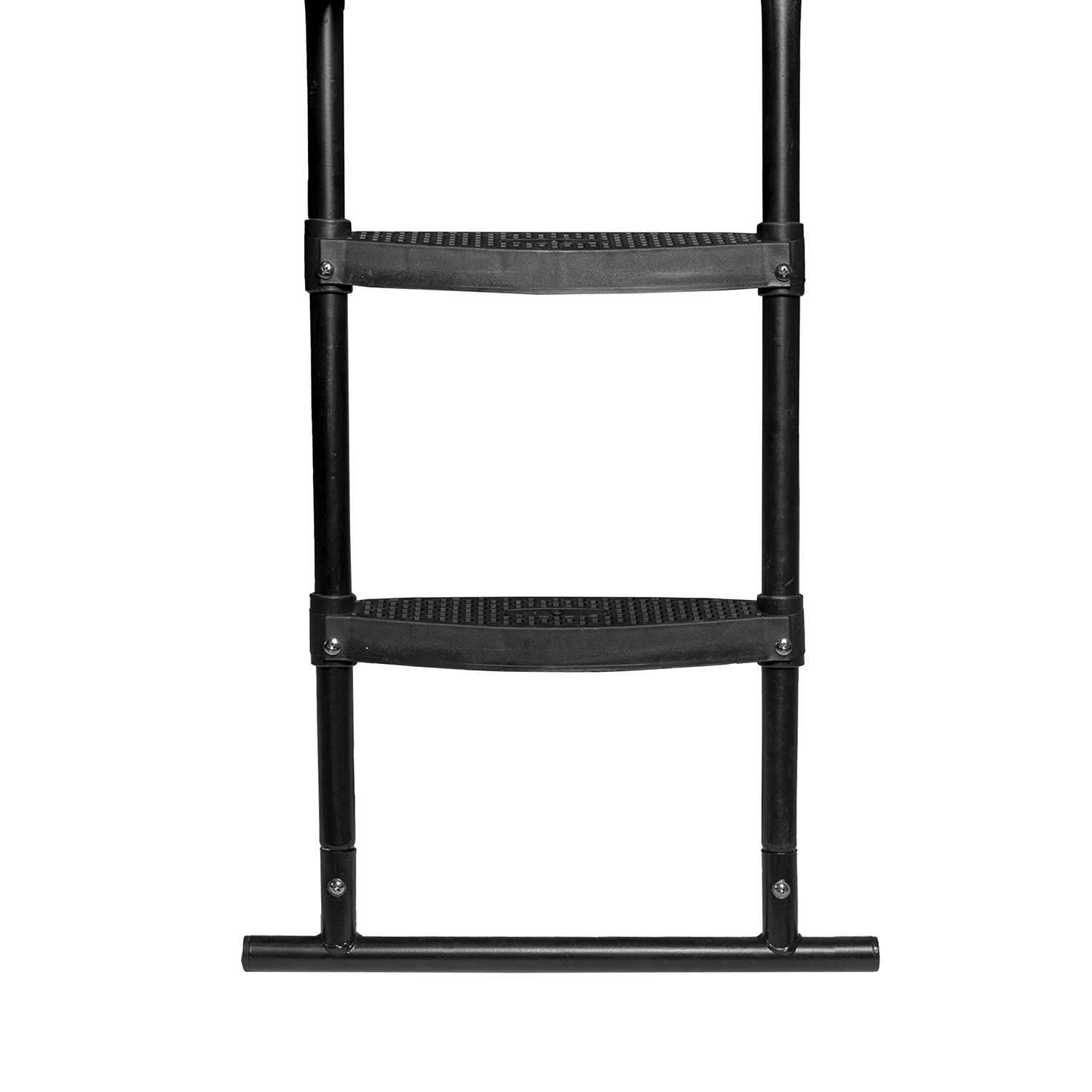 Eine schwarze Metallleiter mit drei Stufen. Die Leiter ist für ein Trampolin.